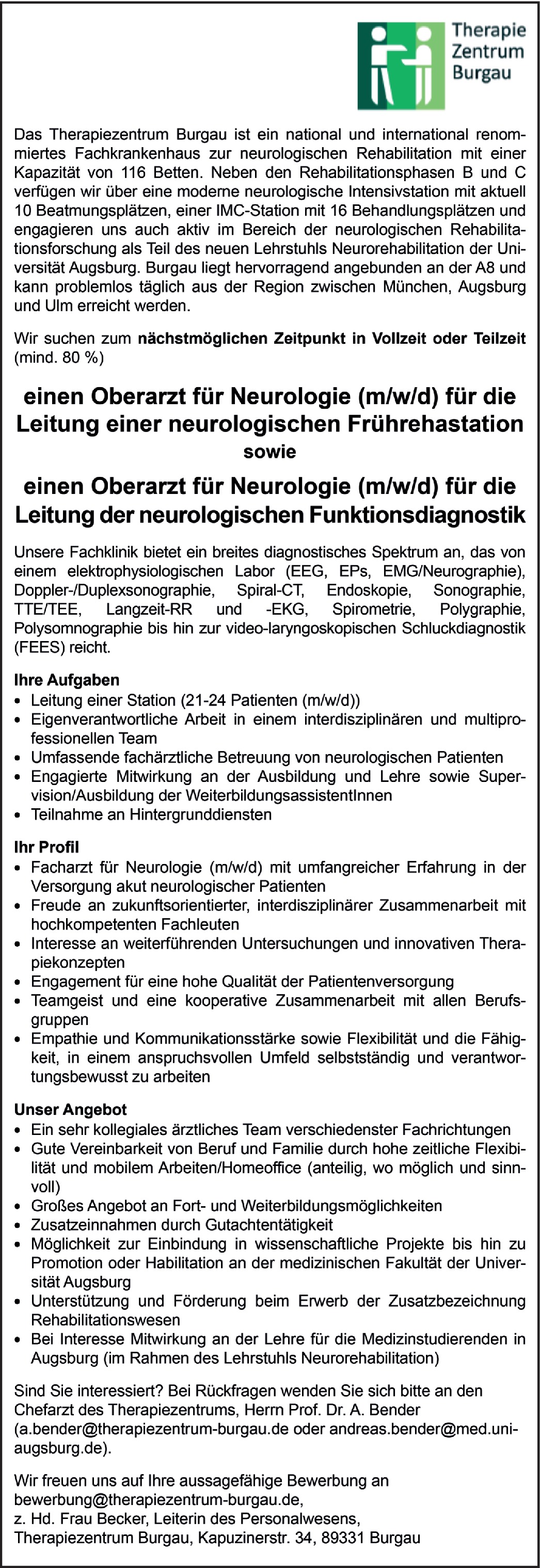 Oberarzt für Neurologie für die Leitung der neurologischen Funktionsdiagnostik m/w/d