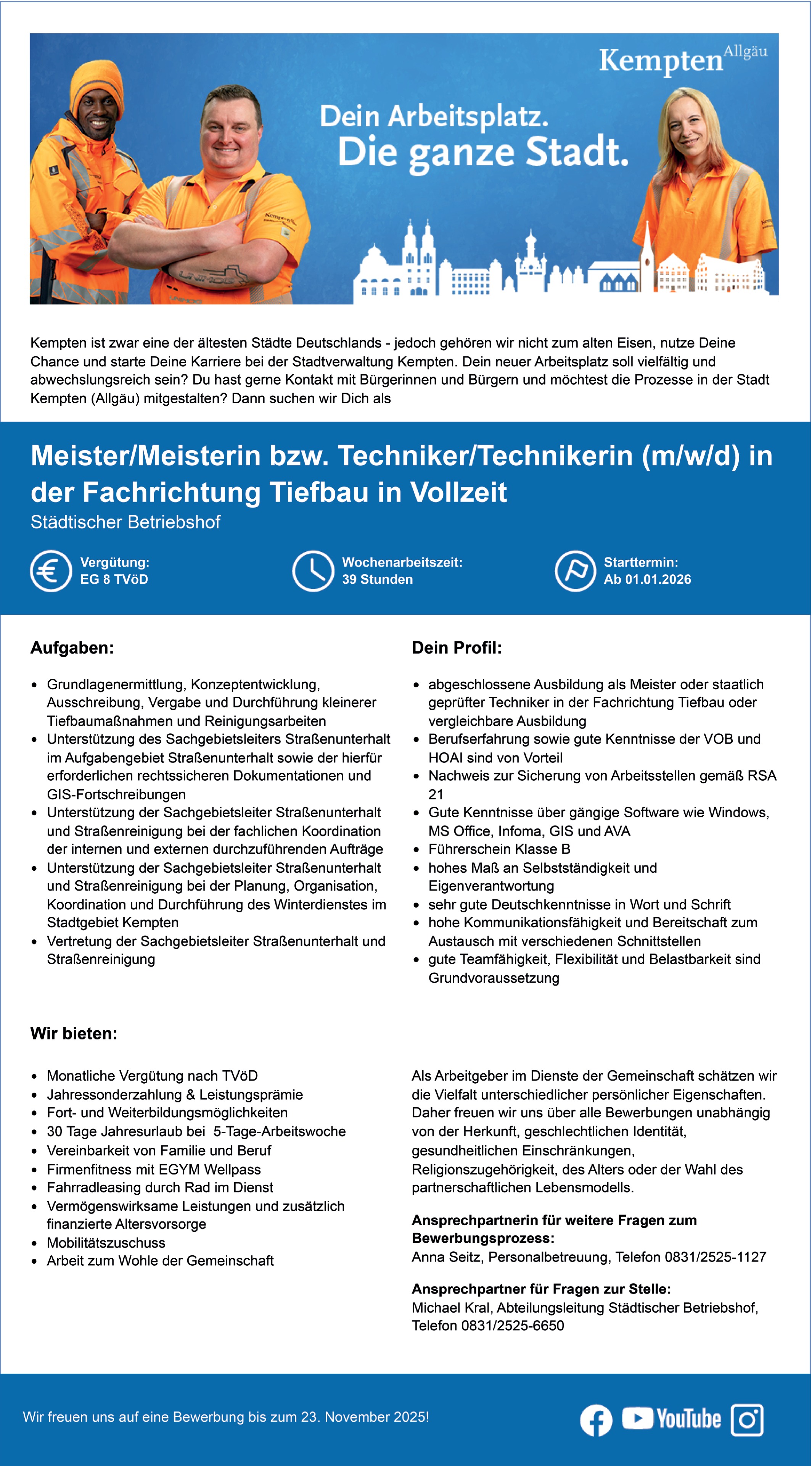 Meister/Meisterin bzw. Techniker/Technikerin (m/w/d) in der Fachrichtung Tiefbau in Vollzeit