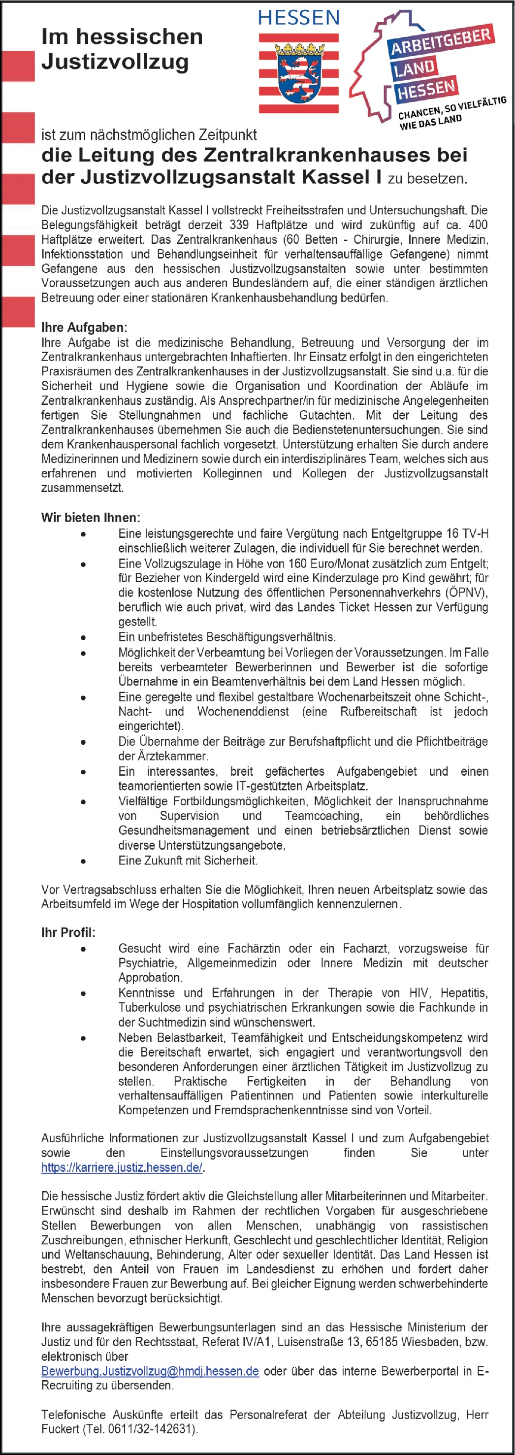 Leitung des Zentralkrankenhauses bei der Justizvollzugsanstalt Kassel I m/w/d