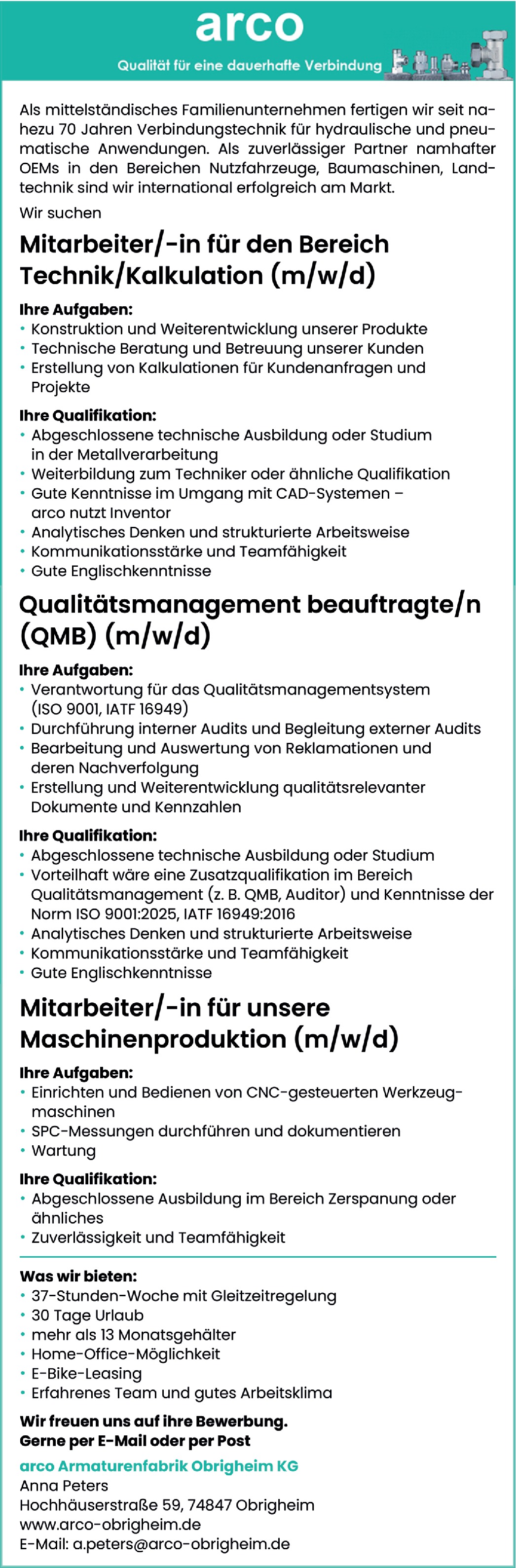 Mitarbeiter/-in für den Bereich Technik / Kalkulation m/w/d