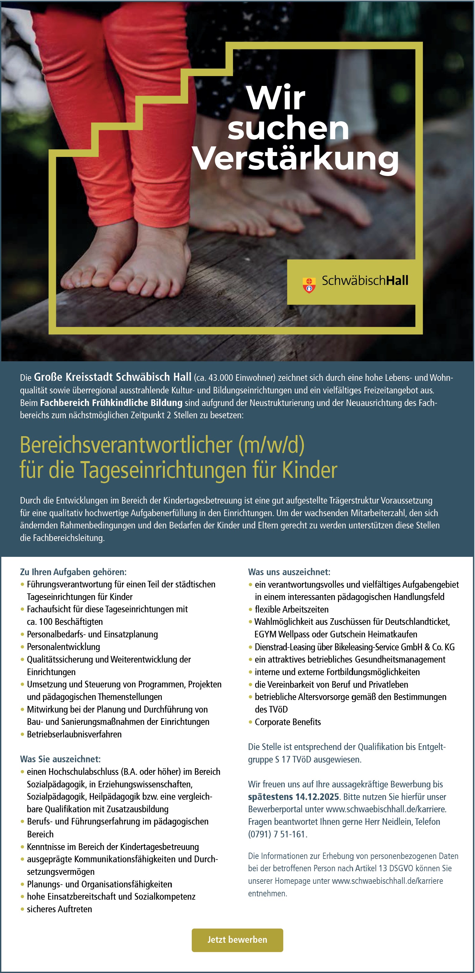 Sozialpädagoge als Bereichsleiter für die Tageseinrichtungen für Kinder (m/w/d)