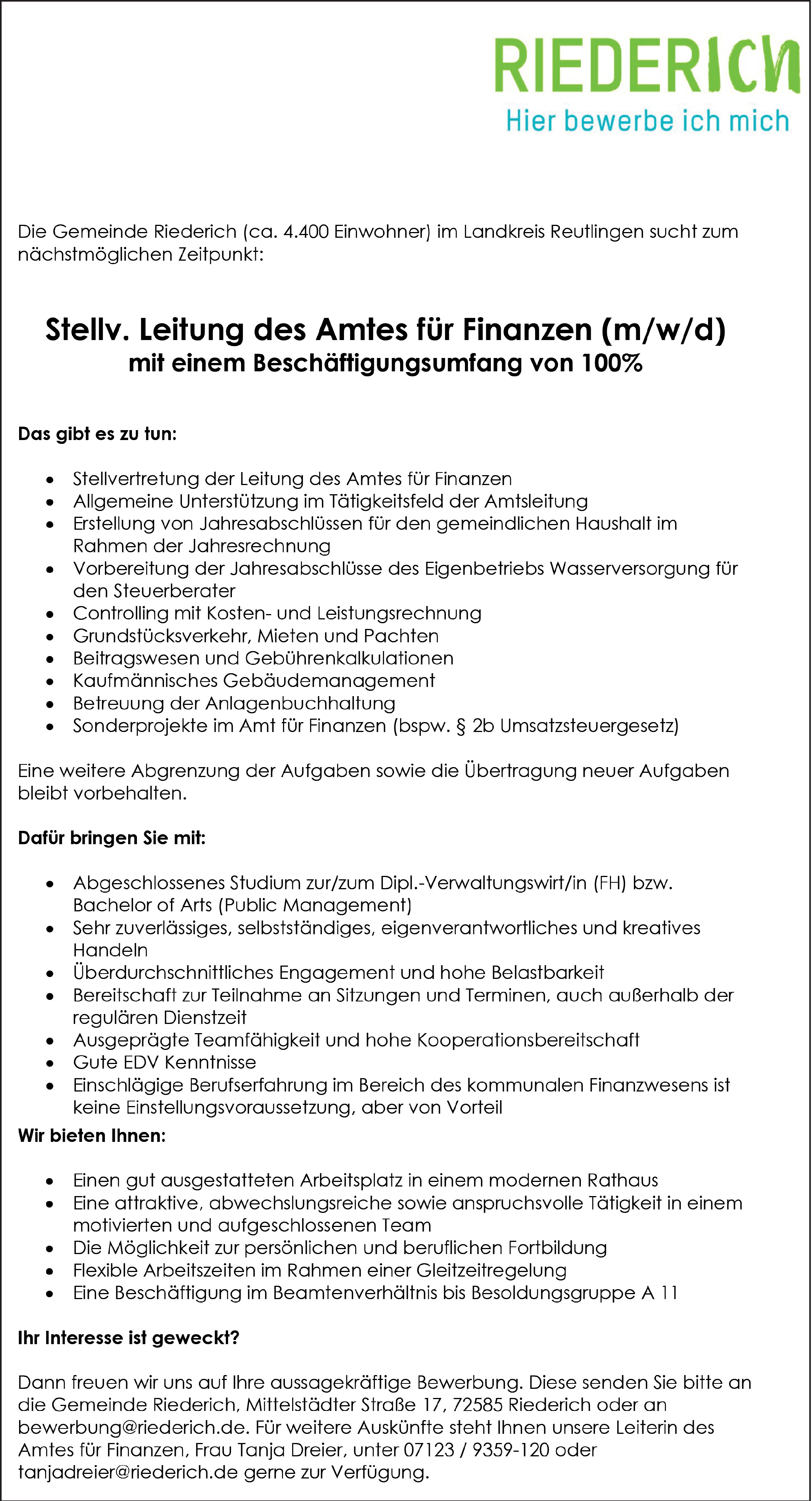 Stellv. Leitung  Amt für Finanzen (m/w/d)