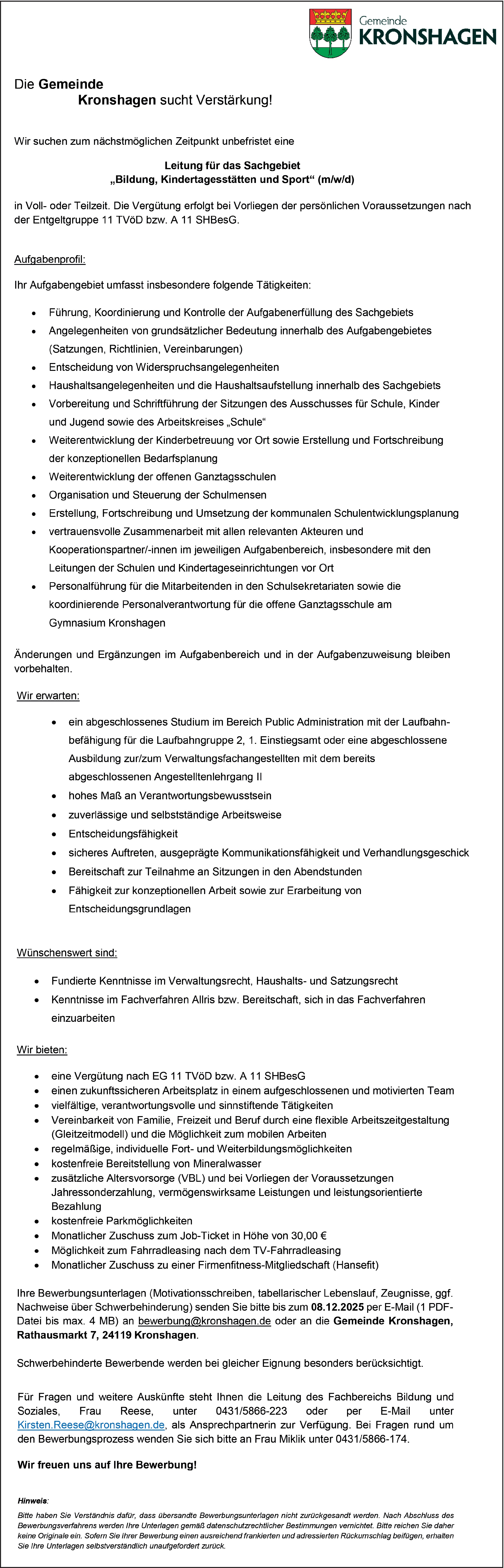  Leitung Sachgebiet „Bildung, Kindertagesstätten und Sport“ (m/w/d)