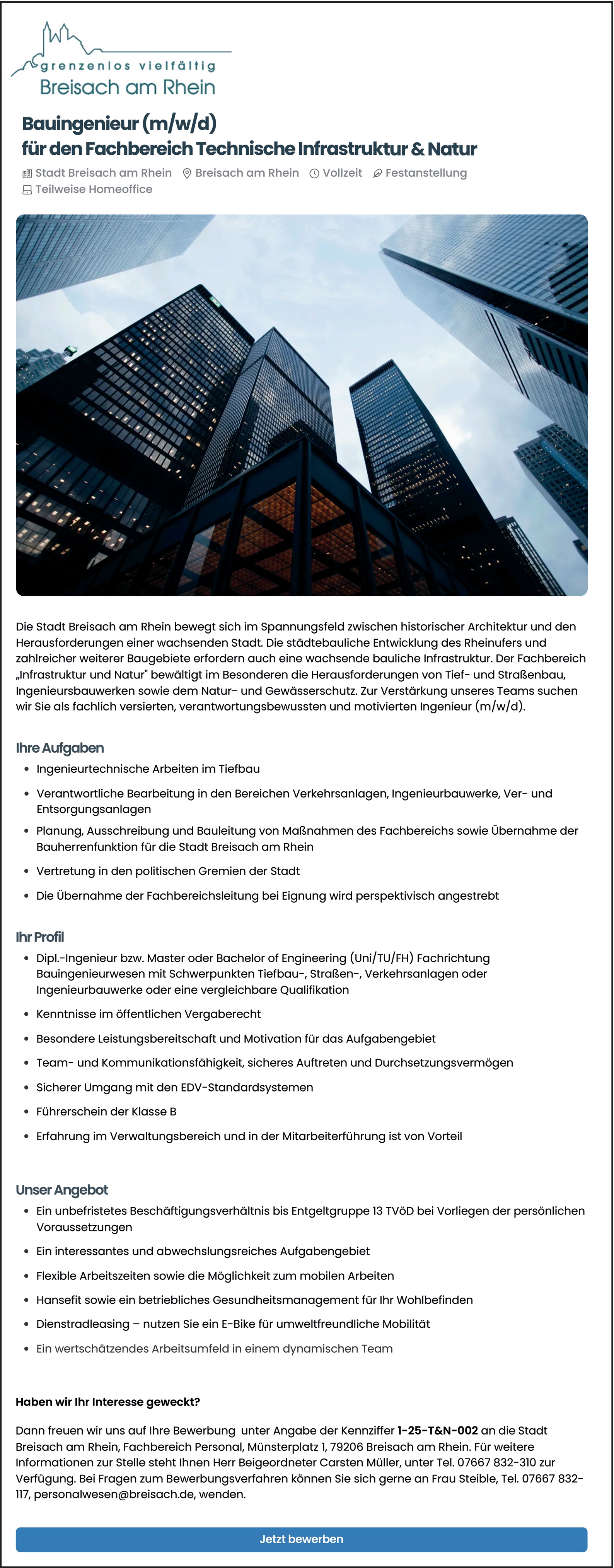 Bauingenieur m/w/d für den Fachbereich Technische Infrastruktur & Natur