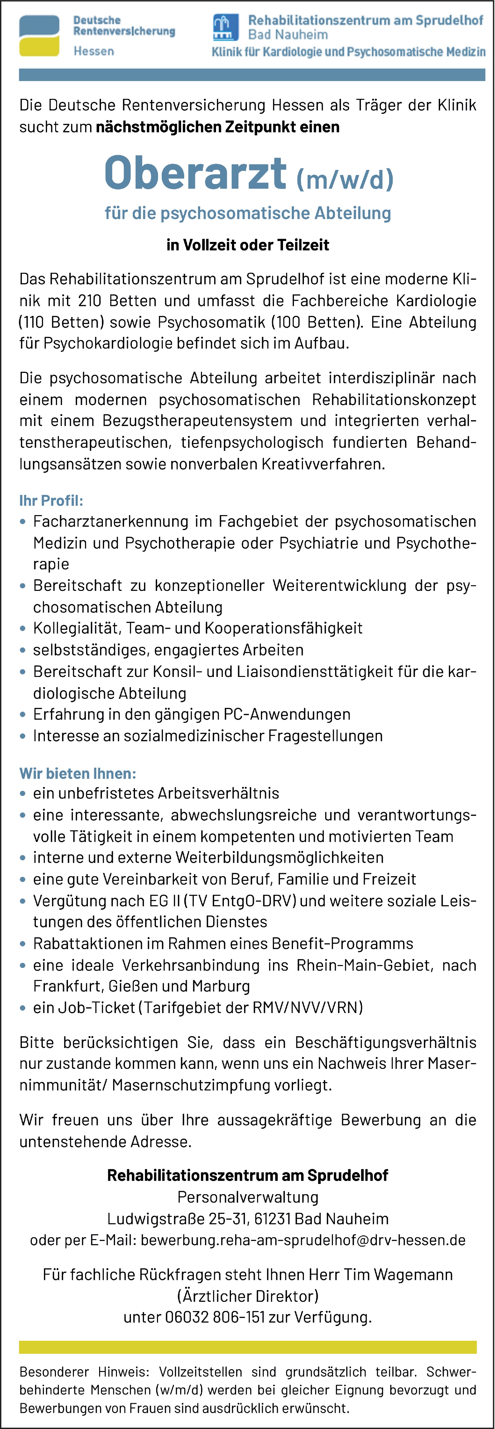 Oberarzt / Oberärztin für die psychosomatische Abteilung