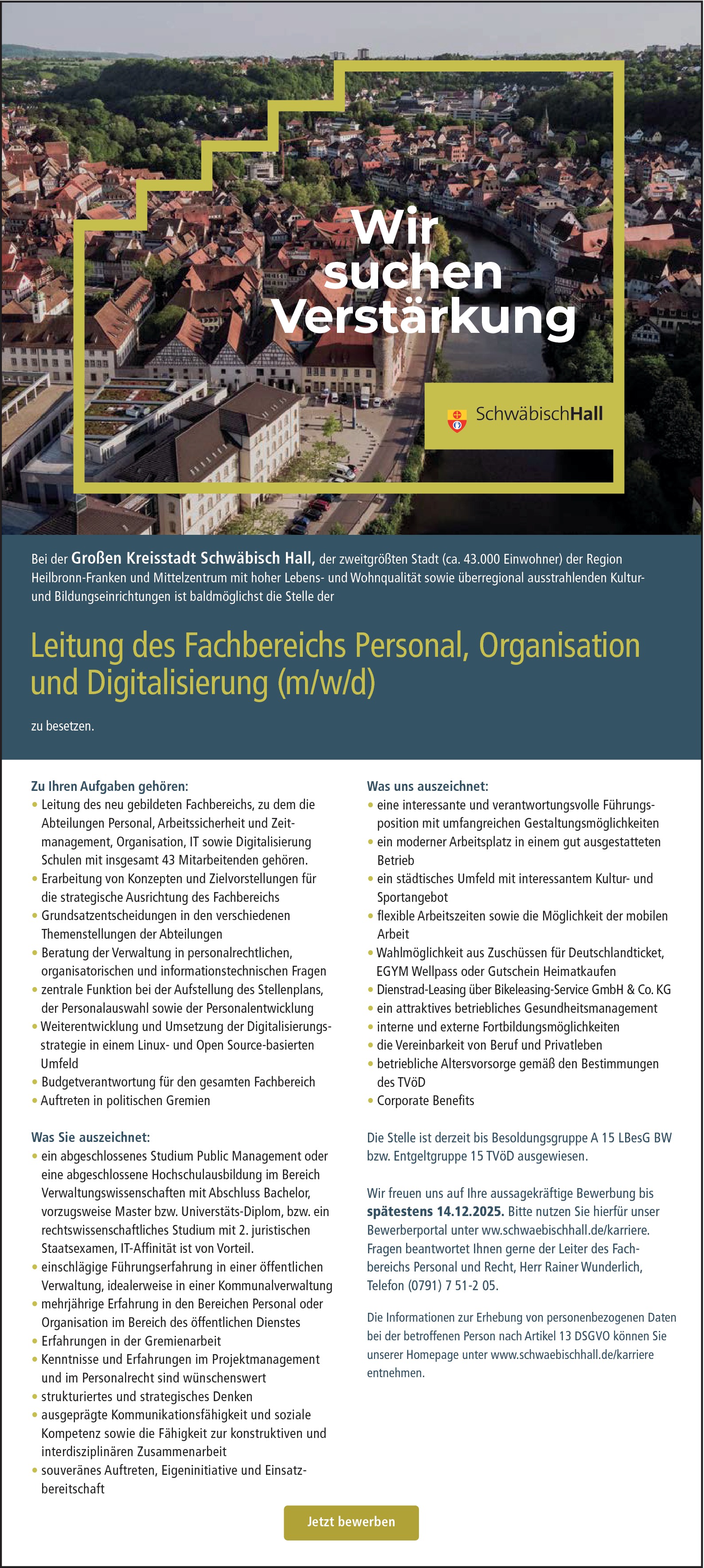 Fachbereichsleitung Personal, Organisation und Digitalisierung (m/w/d)