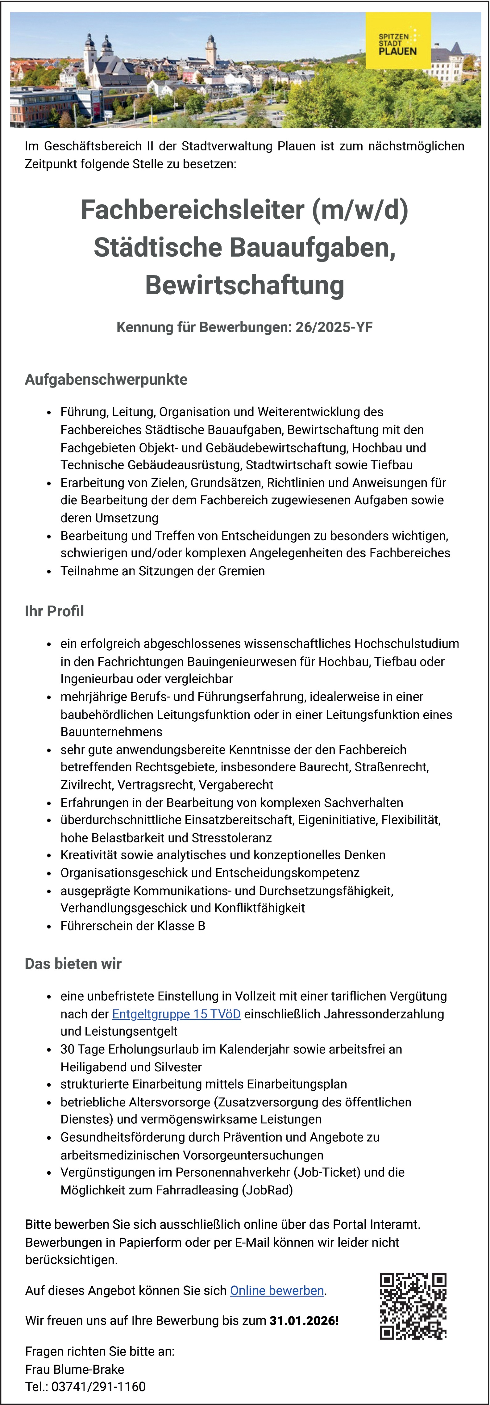 Fachbereichsleiter (m/w/d)Städtische Bauaufgaben,Bewirtschaftung