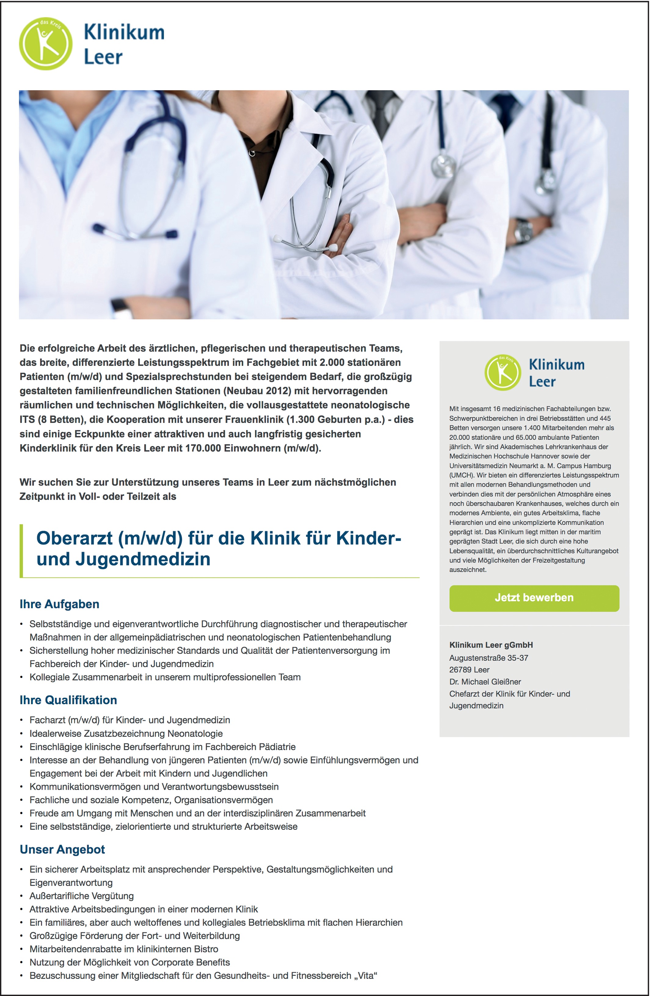 Facharzt m/w/d für Kinder- und Jugendmedizin