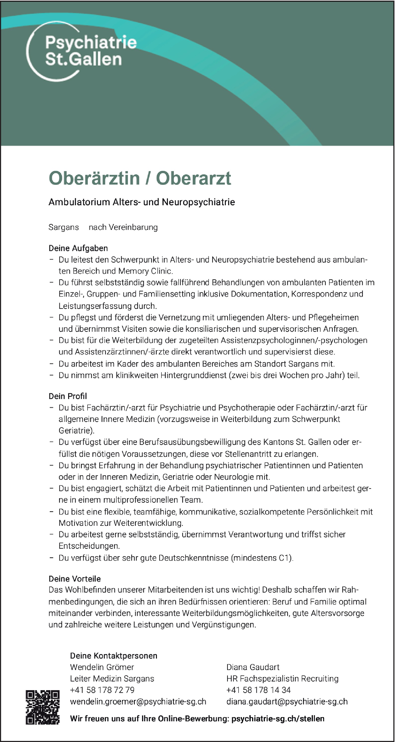 Oberärztin / Oberarzt Ambulatorium Alters- und Neuropsychiatrie