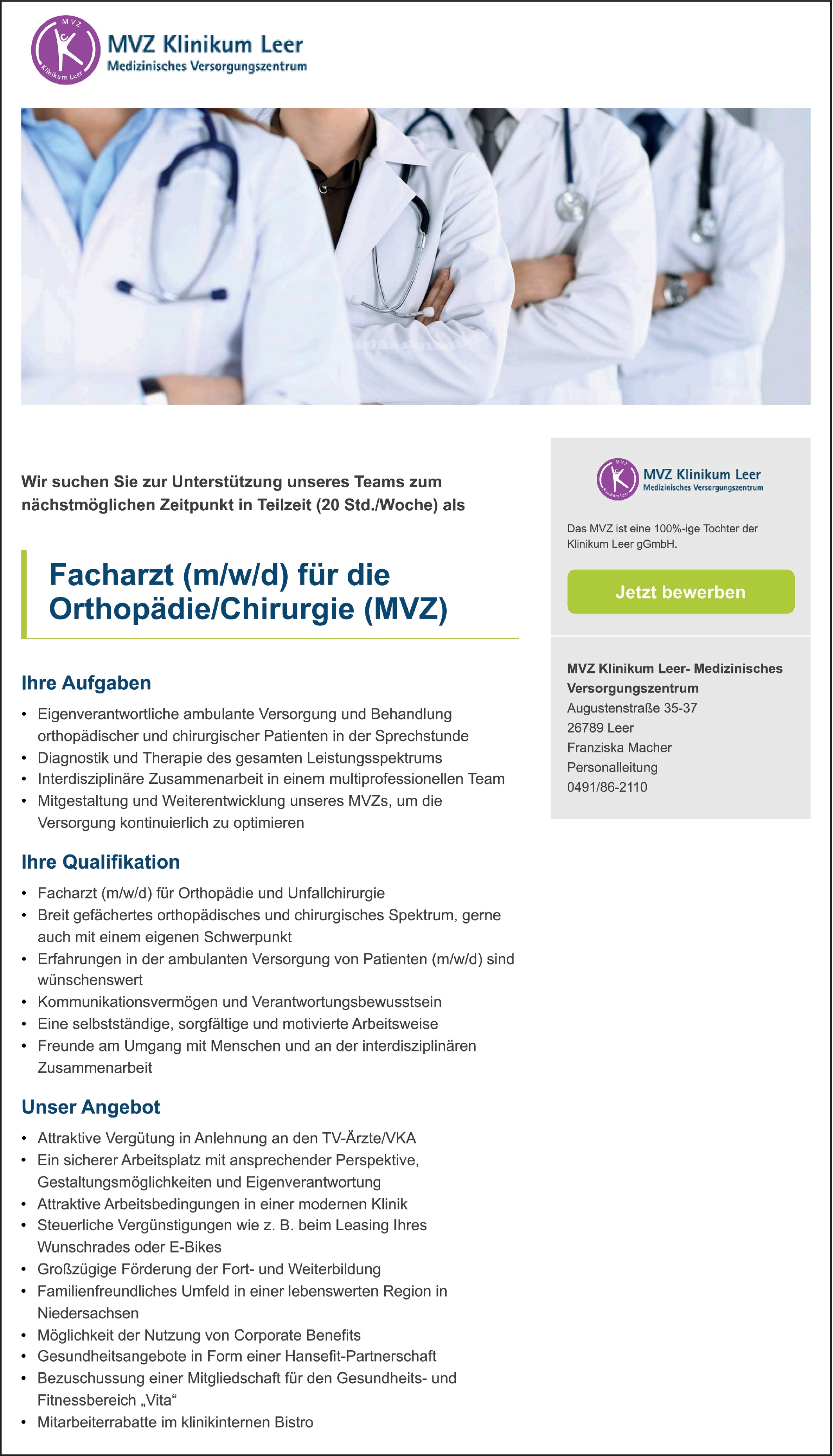 Facharzt / Fachärztin für die Orthopädie / Chirurgie