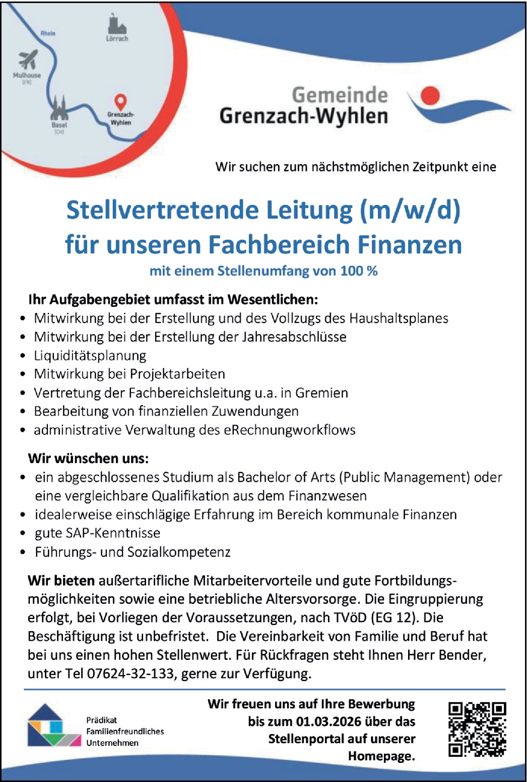 Stellvertretende Leitung (m/w/d) für unseren Fachbereich Finanzen mit einem Stellenumfang von 100 %