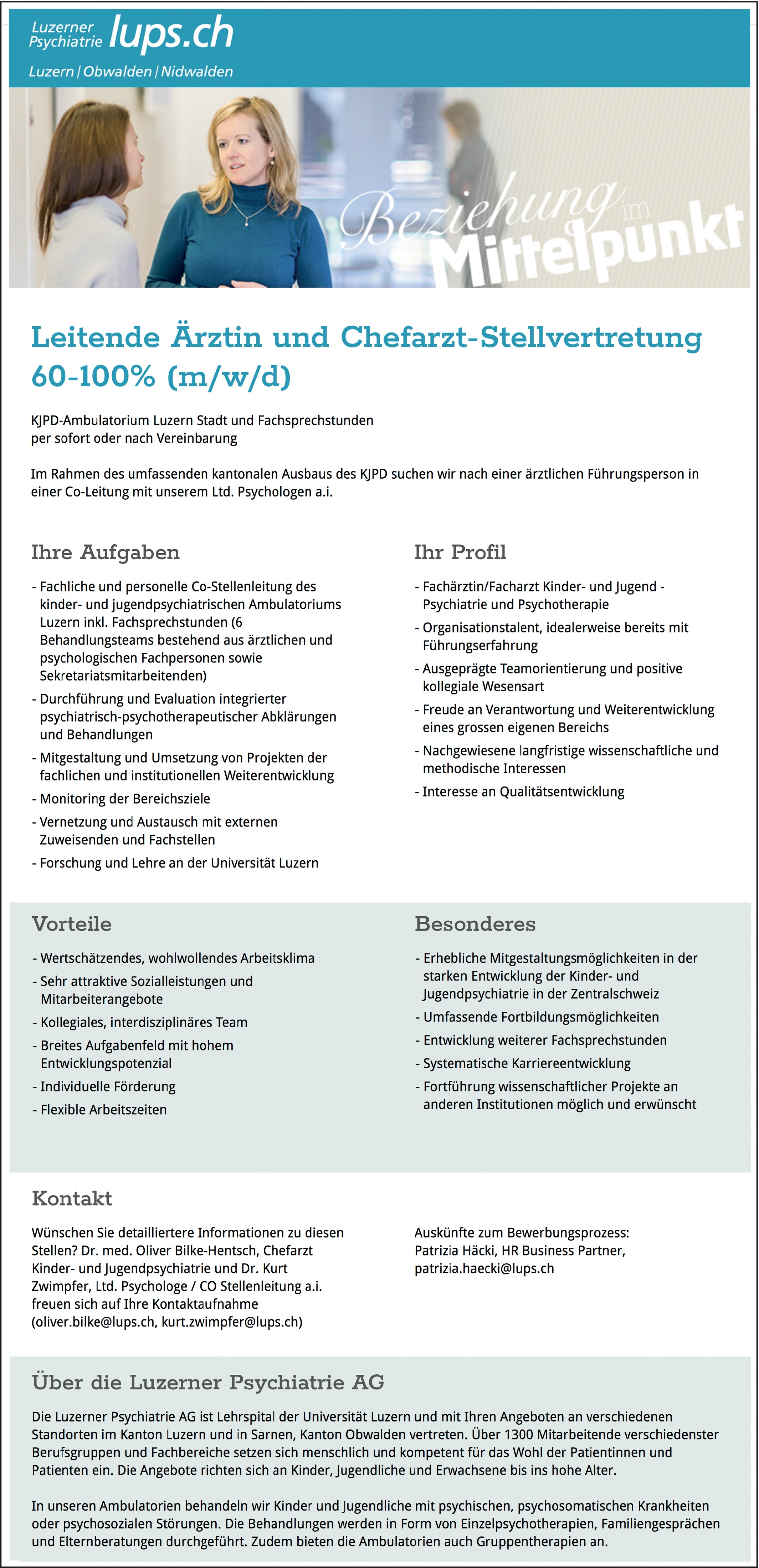 Leitende Ärztin und Chefarzt-Stellvertretung 60-100% m/w/d