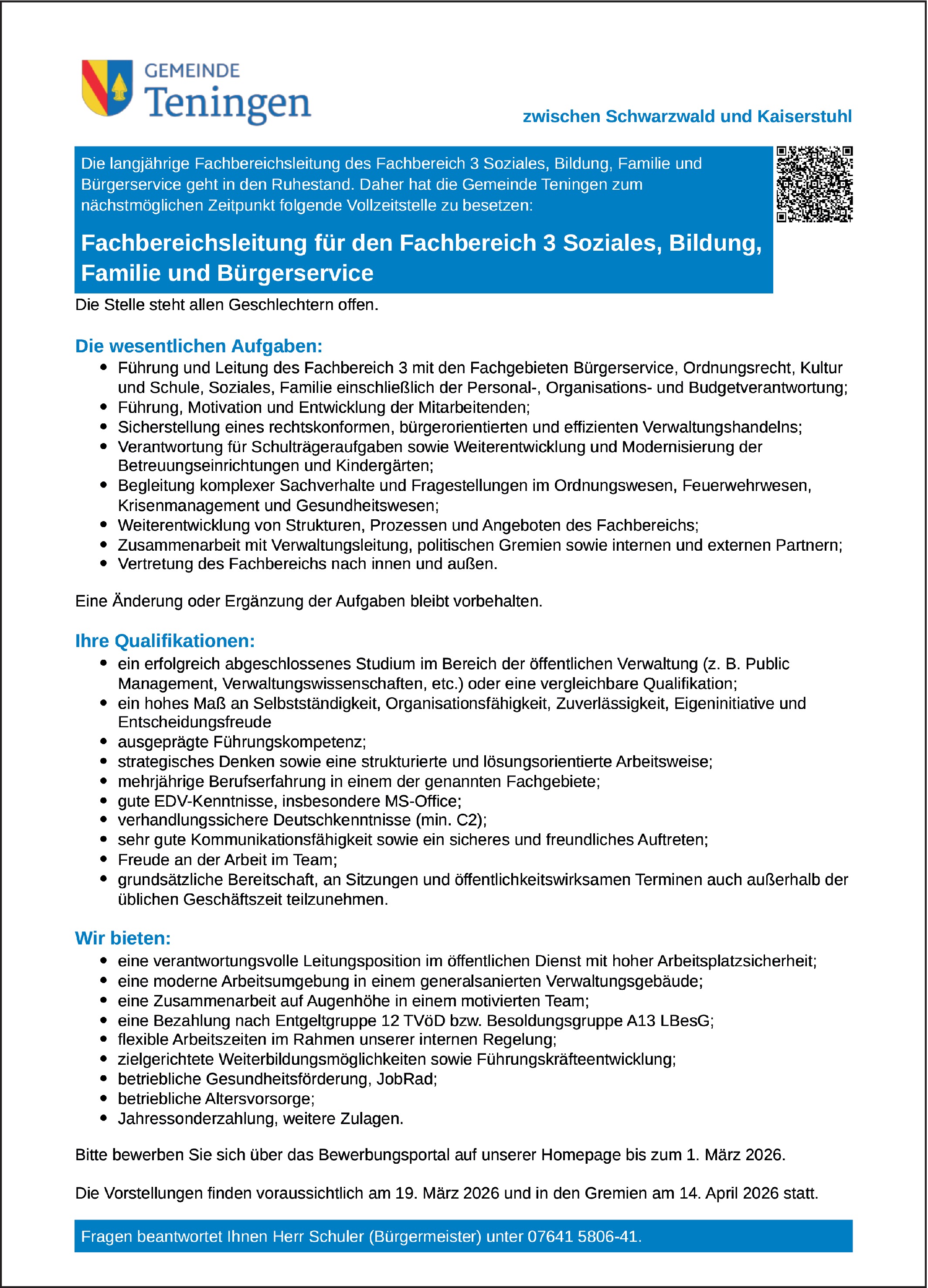 Fachbereichsleitung m/w/d Soziales, Bildung, Familie und Bürgerservice