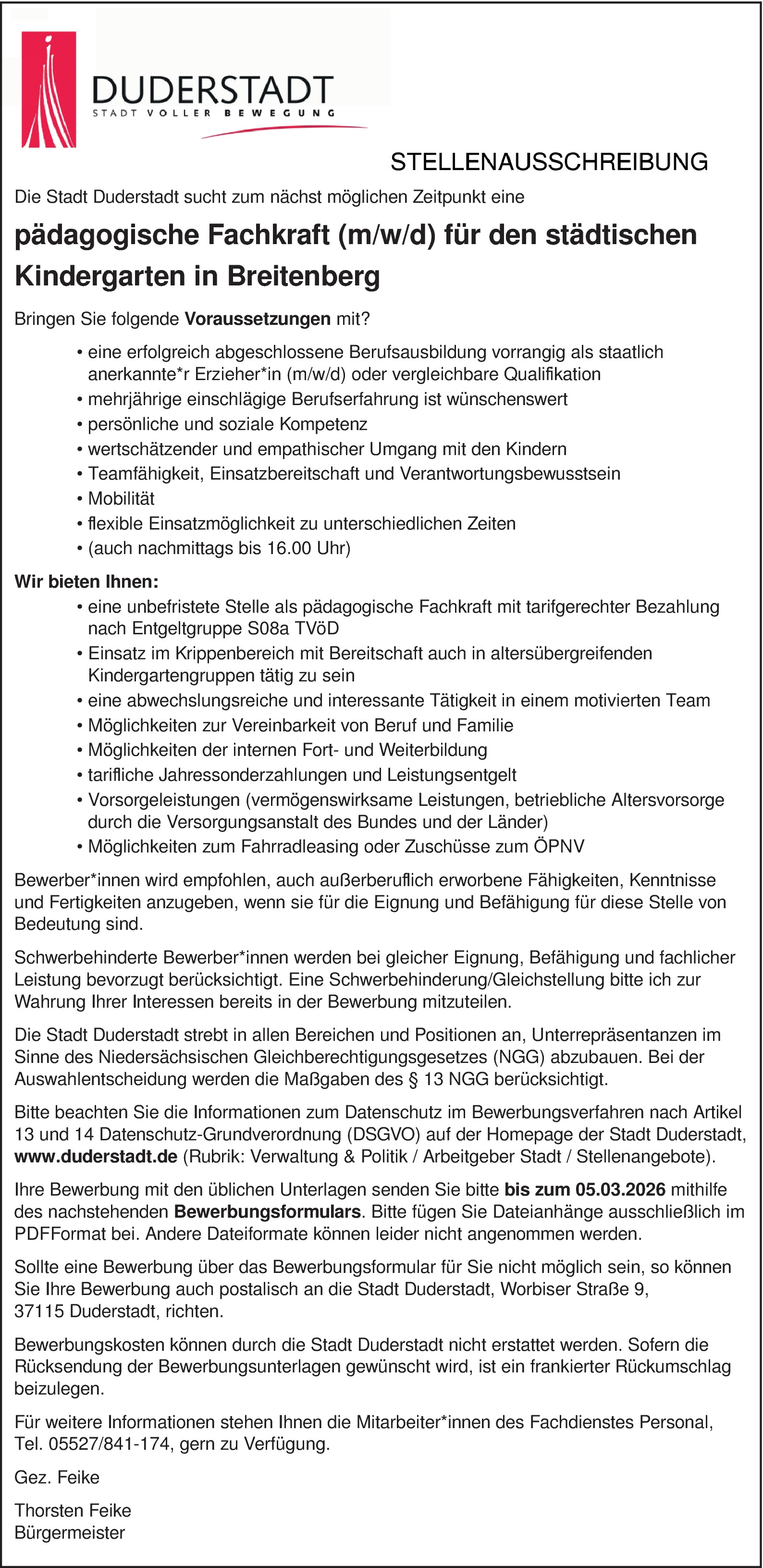 Pädagogische Fachkraft öffentlicher Dienst 