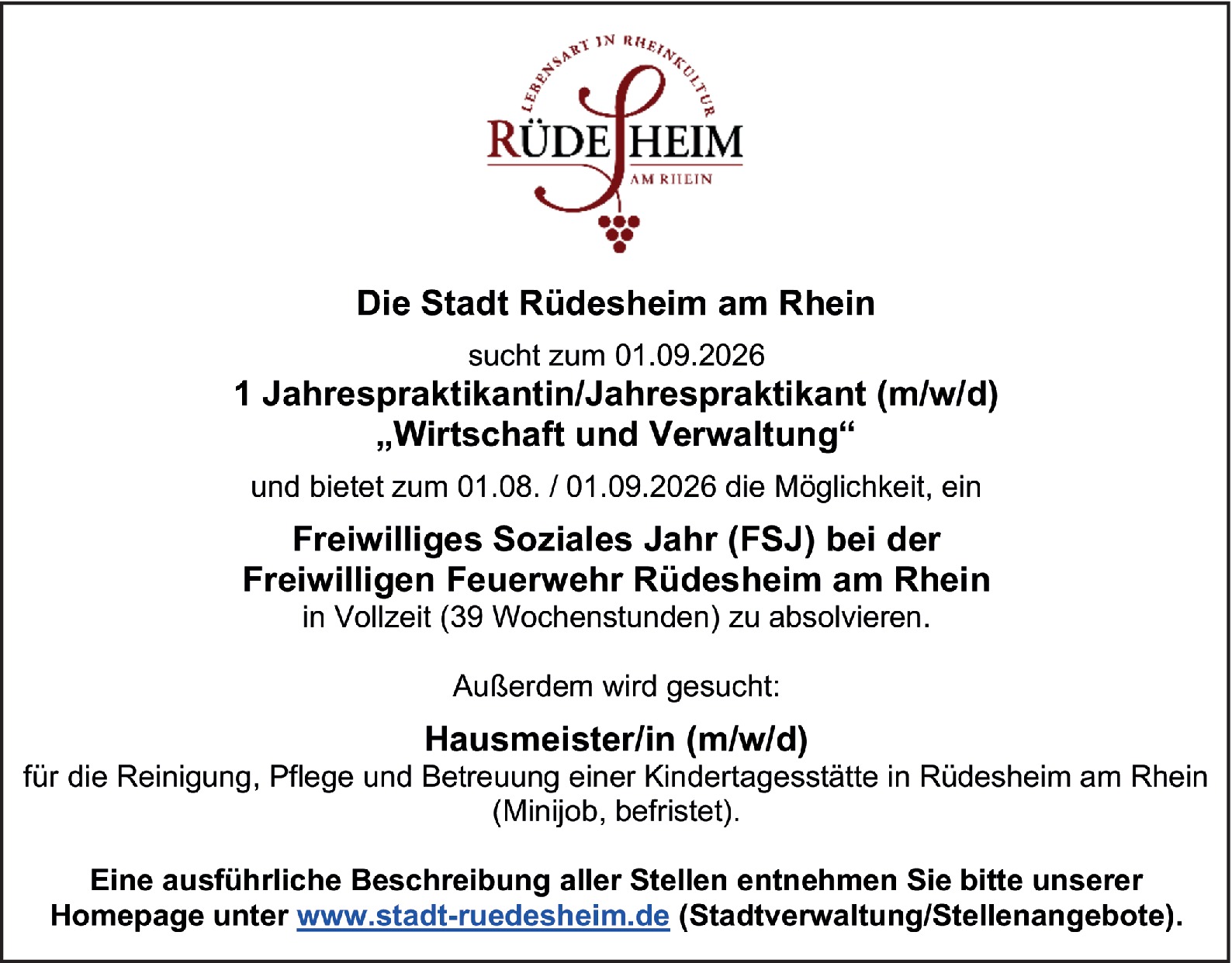 Jahrespraktikantin/Jahrespraktikant m/w/d  Wirtschaft und Verwaltung