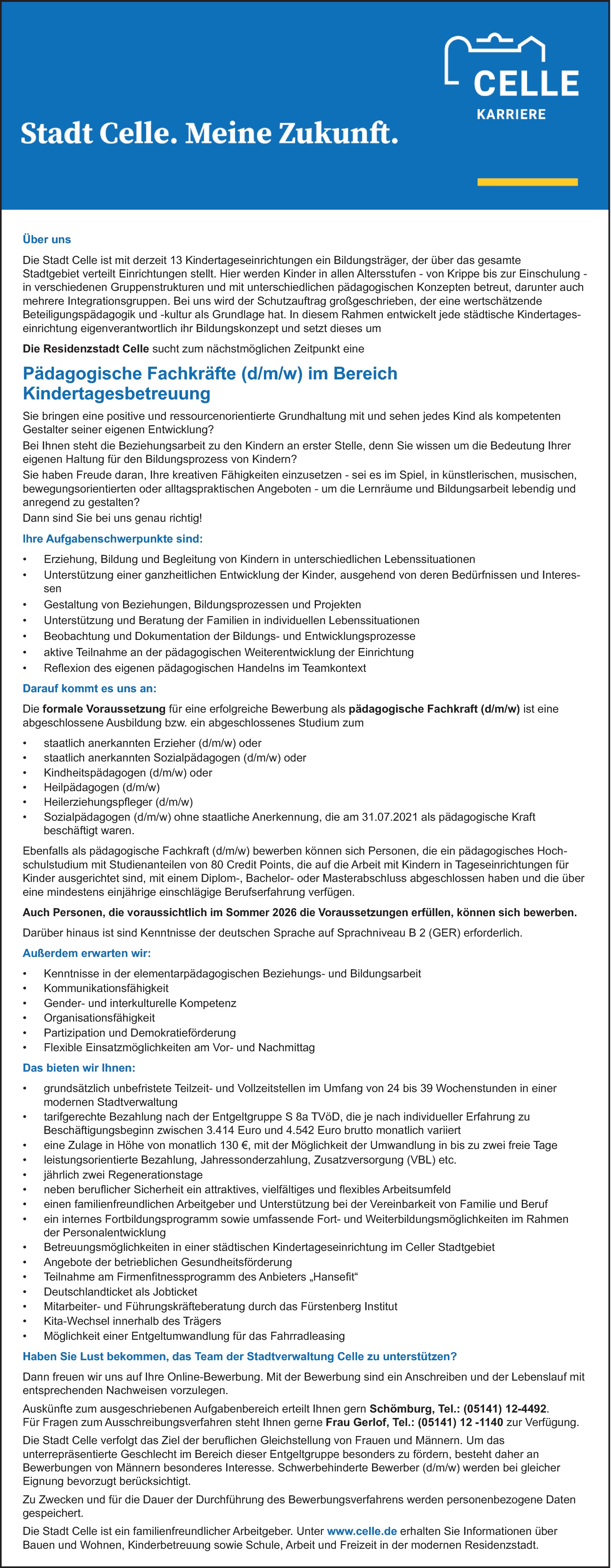 Pädagogische Fachkräfte (d/m/w) im Bereich Kindertagesbetreuung