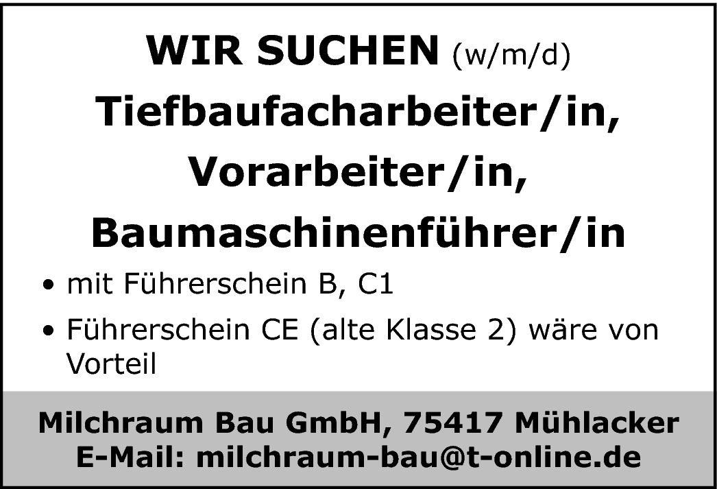 Tiefbaufacharbeiter, Vorarbeiter, Baumaschinenführer m/w/d