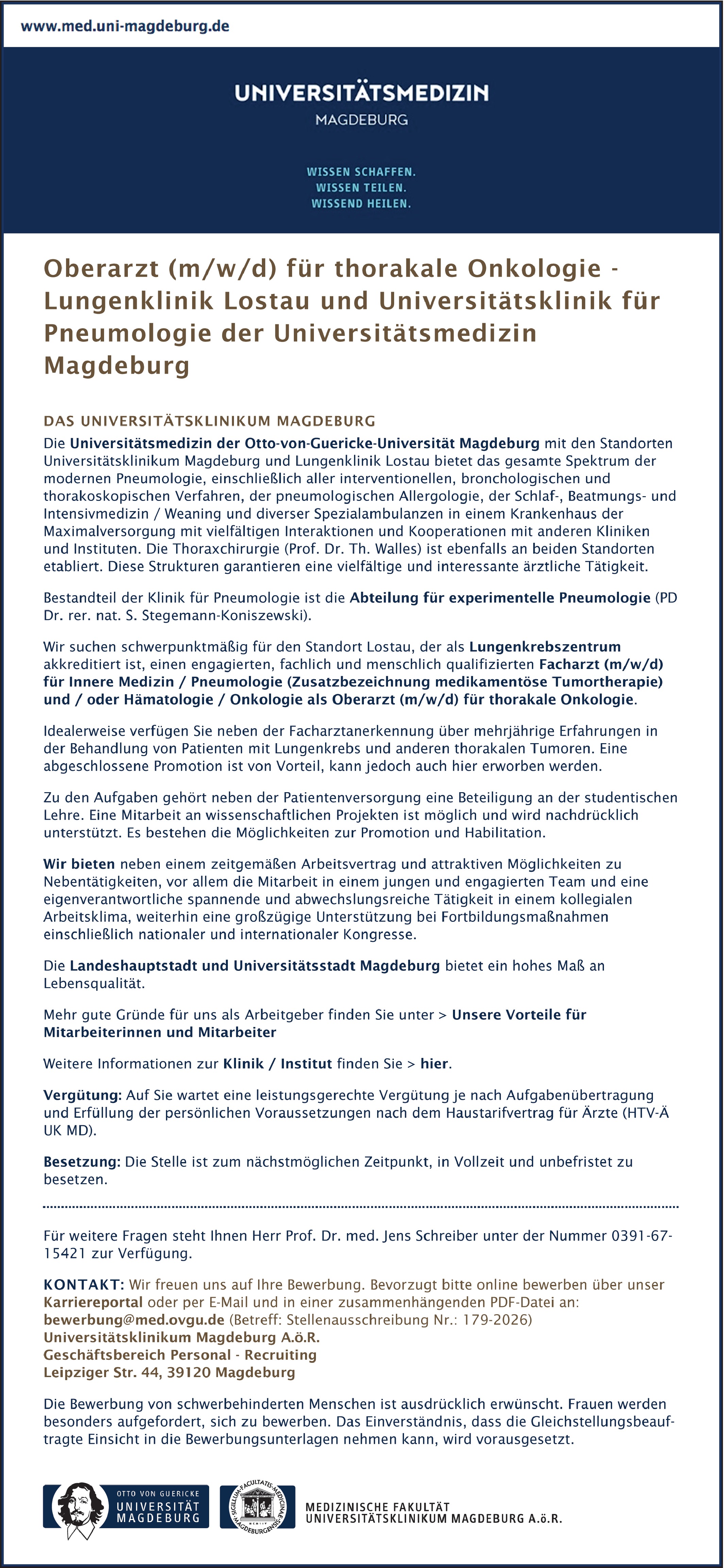 Oberarzt / Oberärztin für thorakale Onkologie