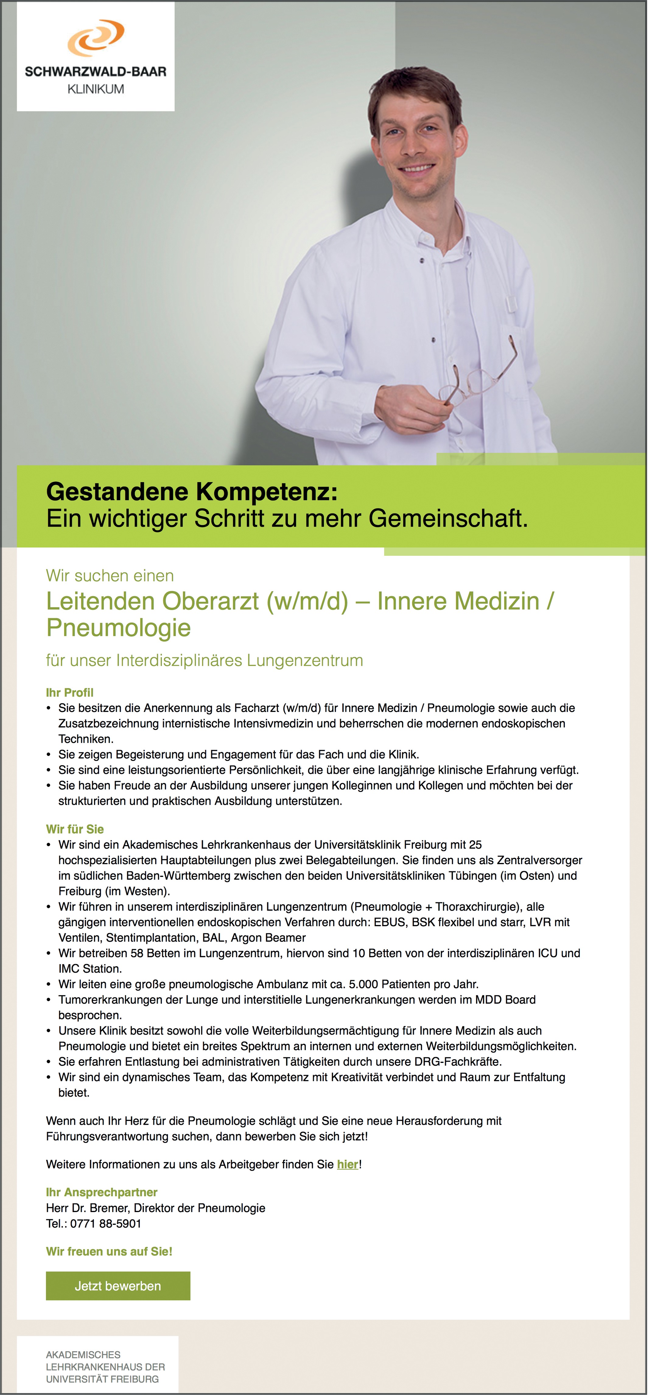 Leitender Oberarzt / Leitende Oberärztin Innere Medizin / Pneumologie