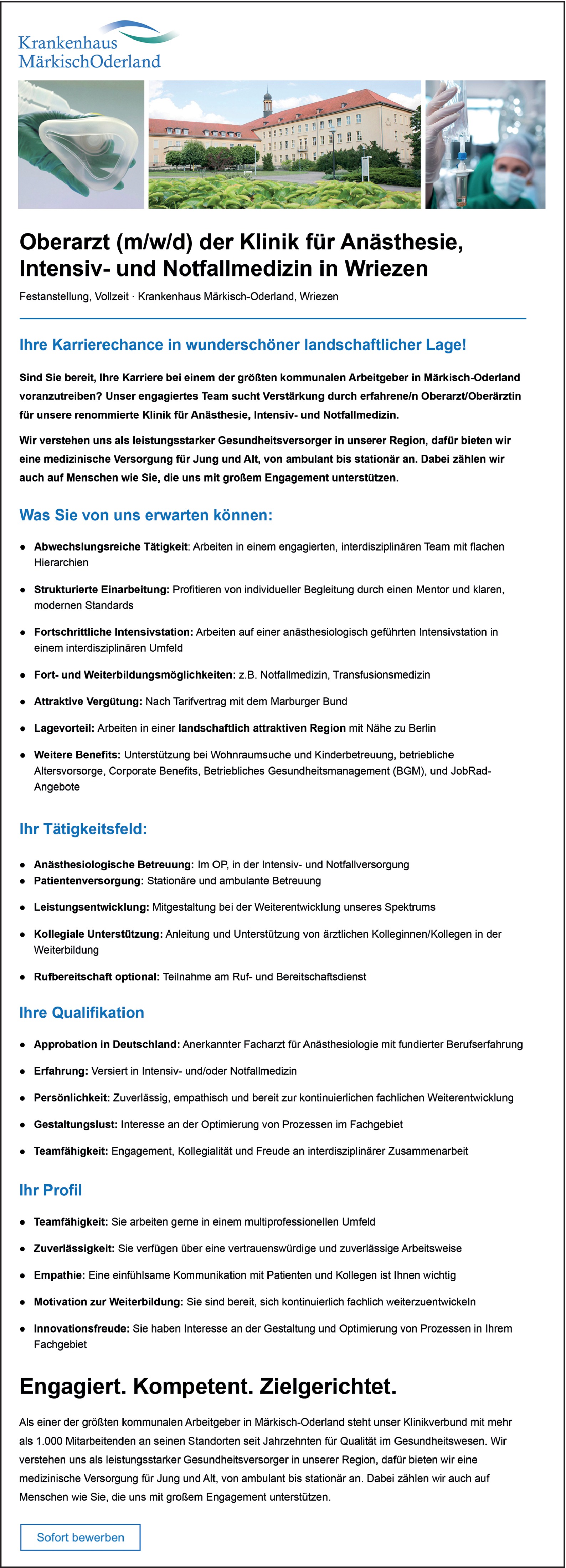 Oberarzt (m/w/d) der Klinik für Anästhesie, Intensiv- und Notfallmedizin