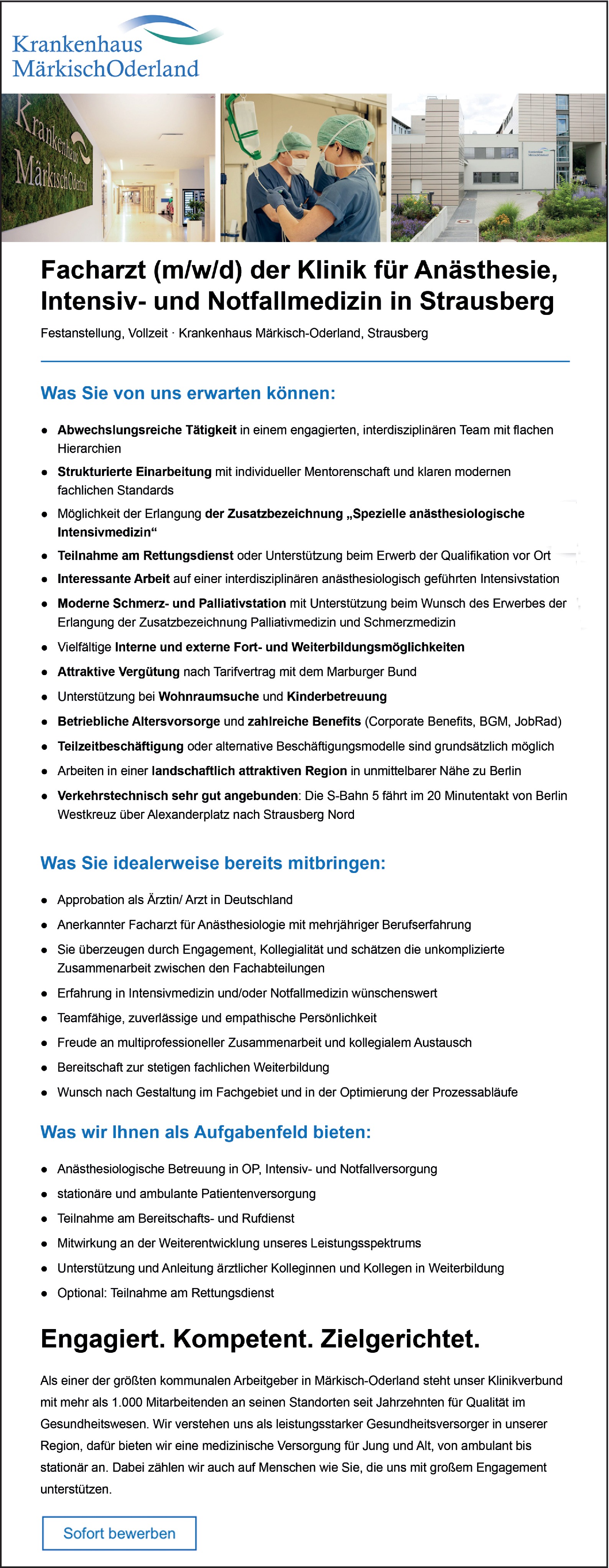 Facharzt (m/w/d) der Klinik für Anästhesie, Intensiv- und Notfallmedizin 