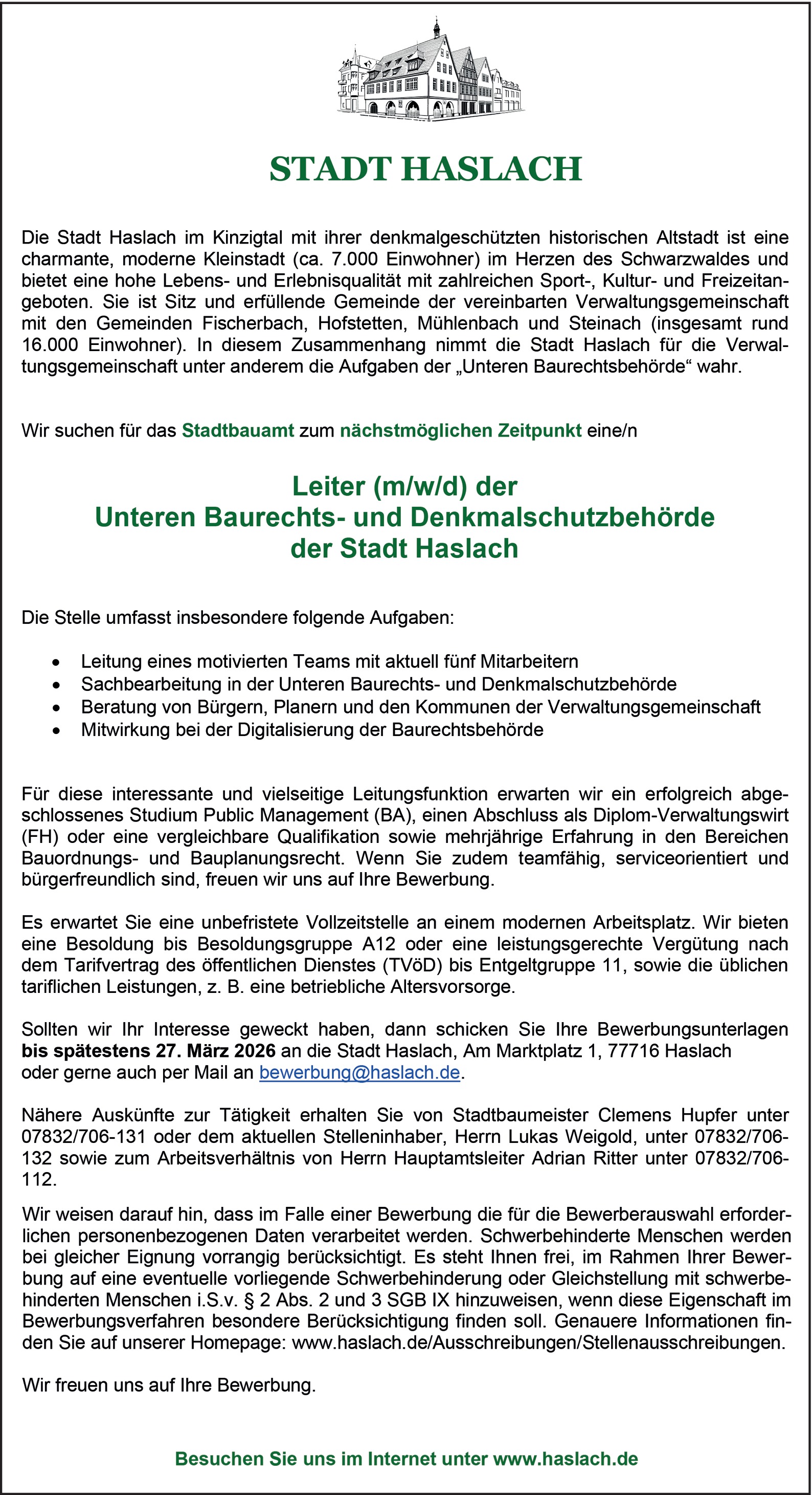 Diplom - Verwaltungswirt (FH) als Leitung der Unteren Baurechtsbehörde (m/w/d)