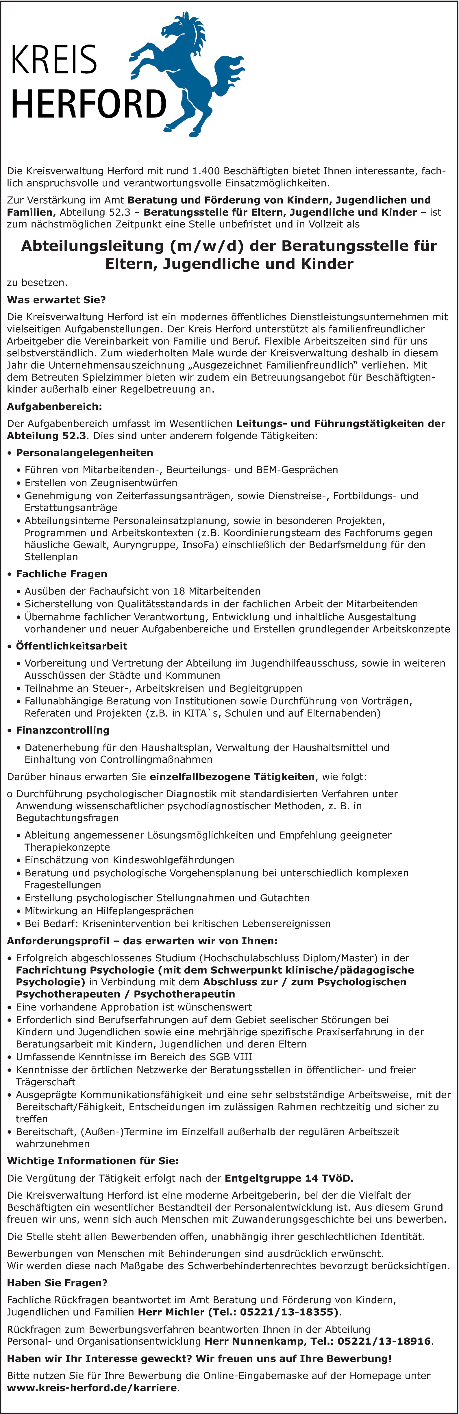 Abteilungsleitung (m/w/d) der Beratungsstelle für Eltern, Jugendliche und Kinder 