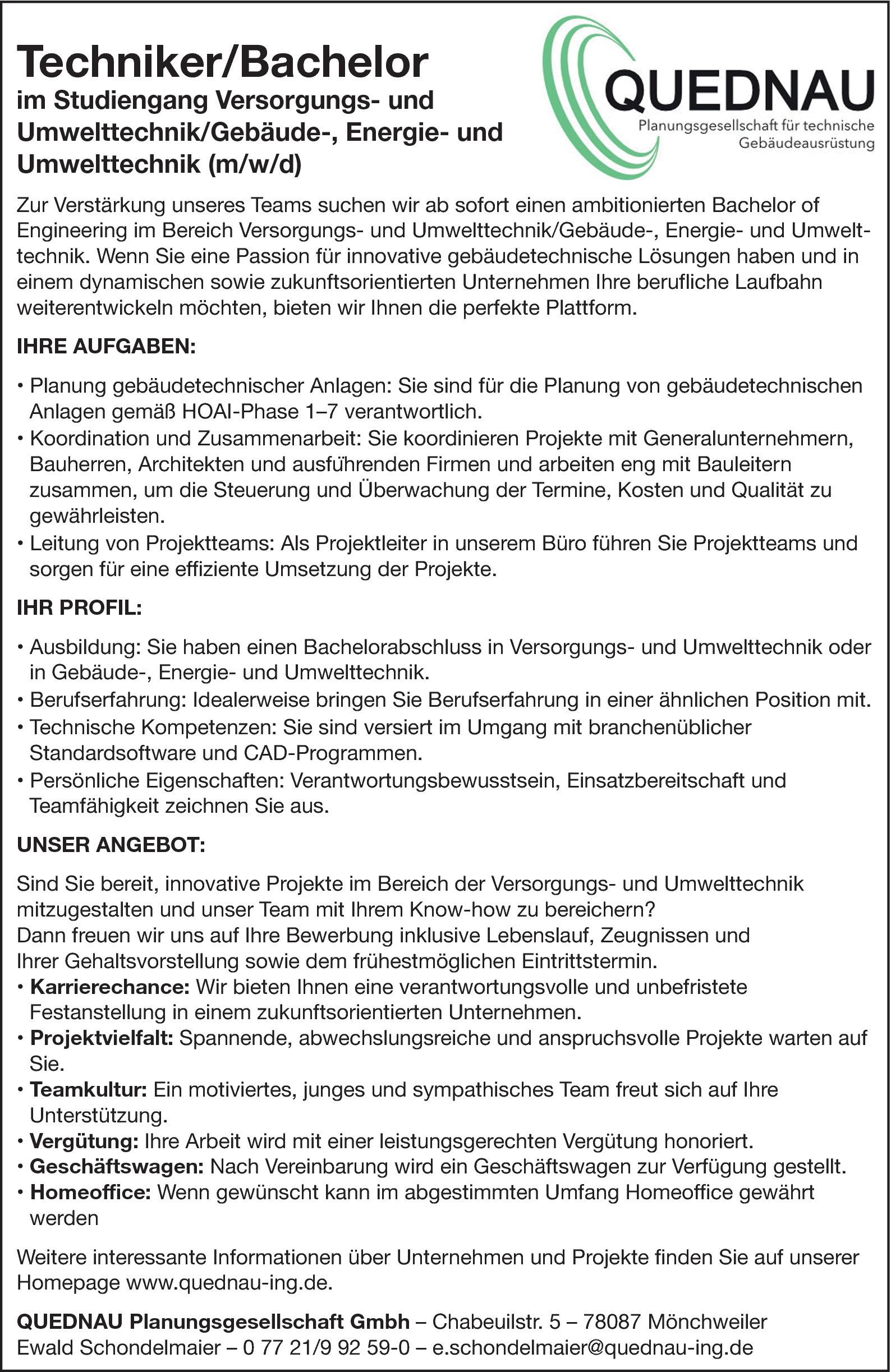 Techniker / Bachelor im Studiengang Versorgungs- und Umwelttechnik/Gebäude-, Energie- und Umwelttechnik m/w/d