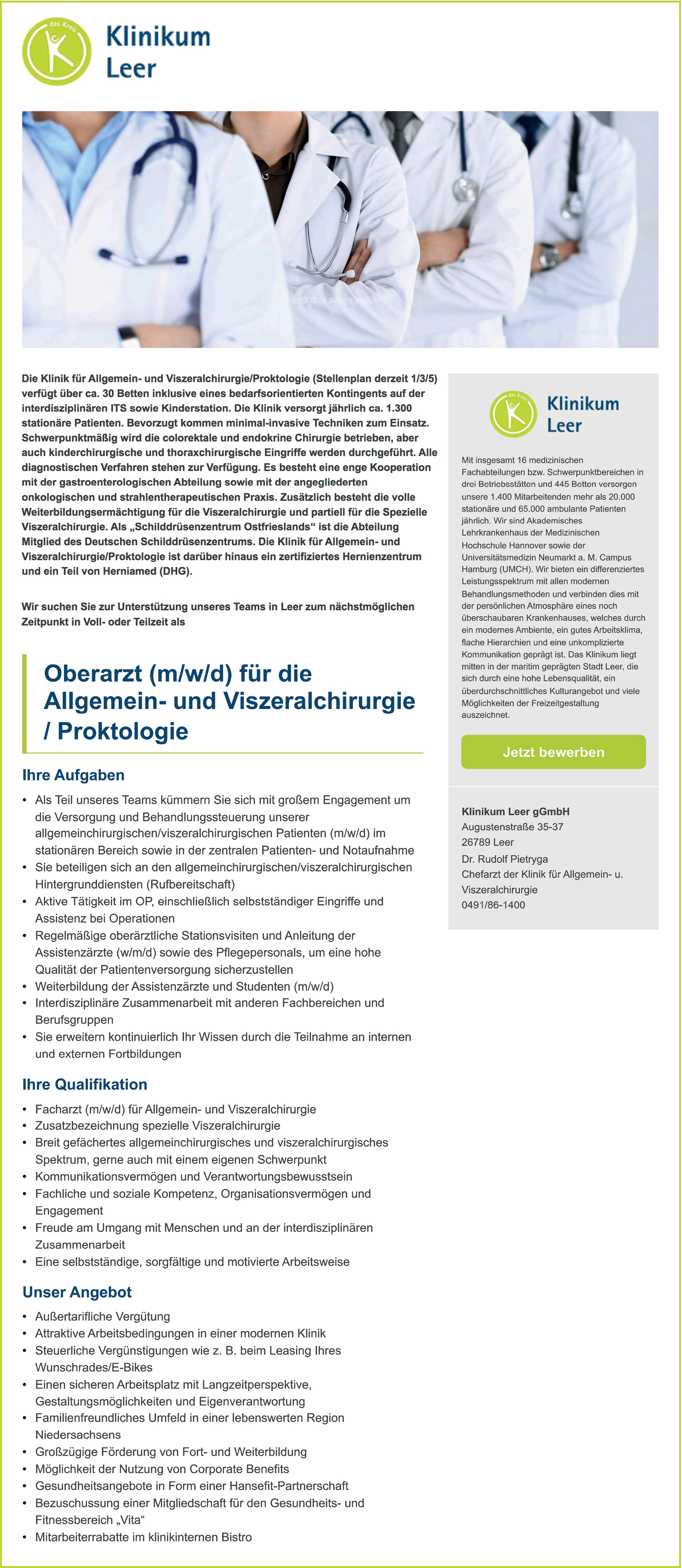 Oberarzt / Oberärztin für die Allgemein- und Viszeralchirurgie / Proktologie