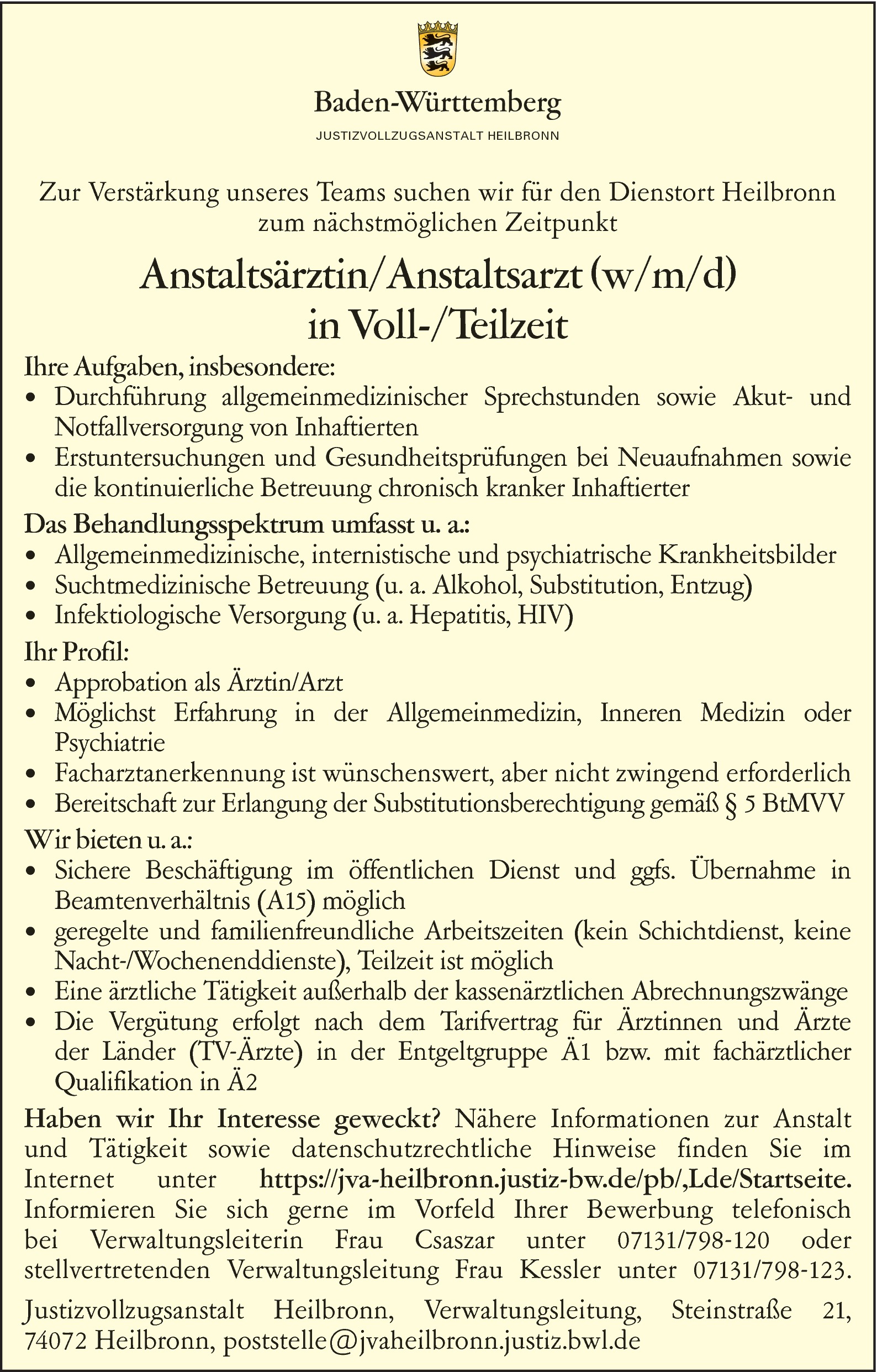 Anstaltsärztin/ Anstaltsarzt w/m/d