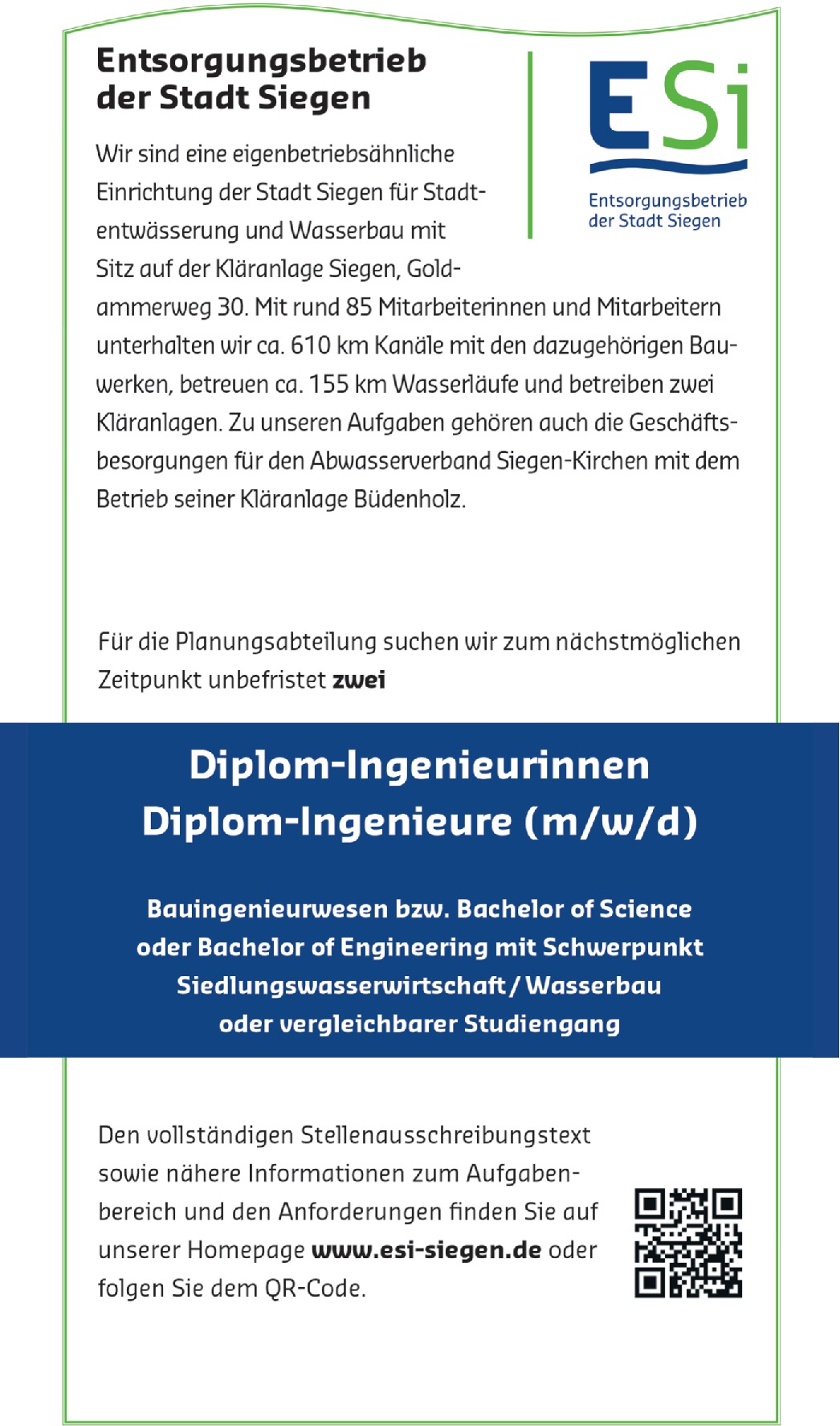 Bauingenieur Siedlungswasserwirtschaft m/w/d