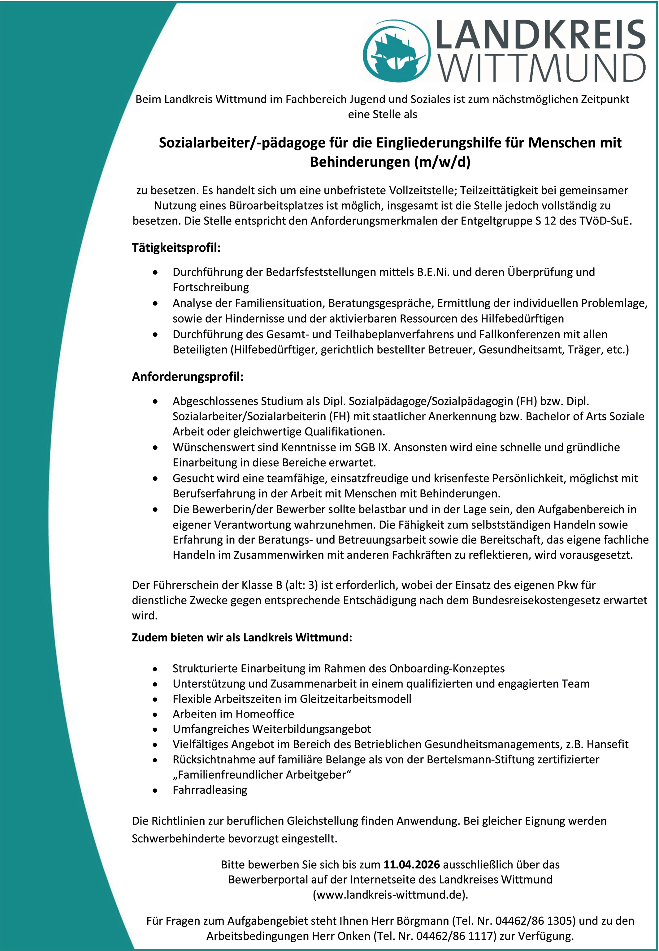 Sozialarbeiter/-pädagoge für die Eingliederungshilfe für Menschen mit Behinderungen (m/w/d)