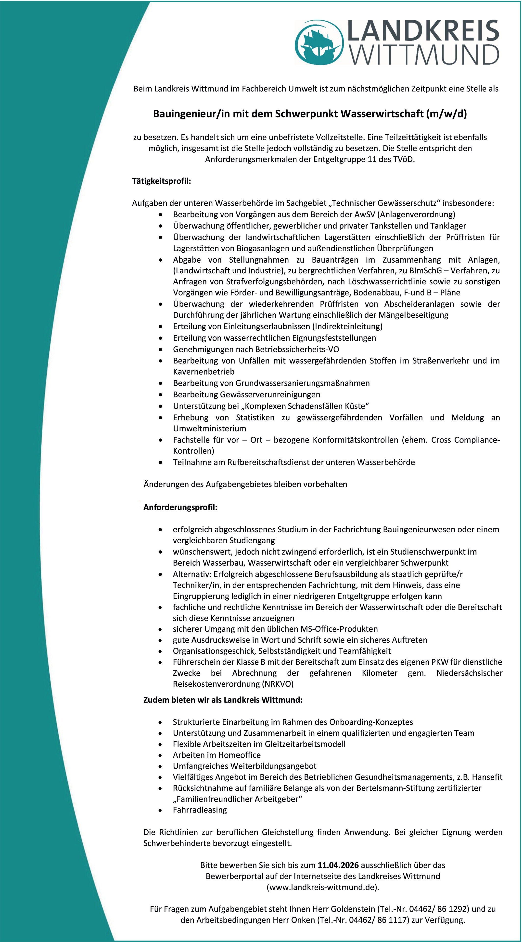 Bauingenieur/in mit dem Schwerpunkt Wasserwirtschaft (m/w/d)