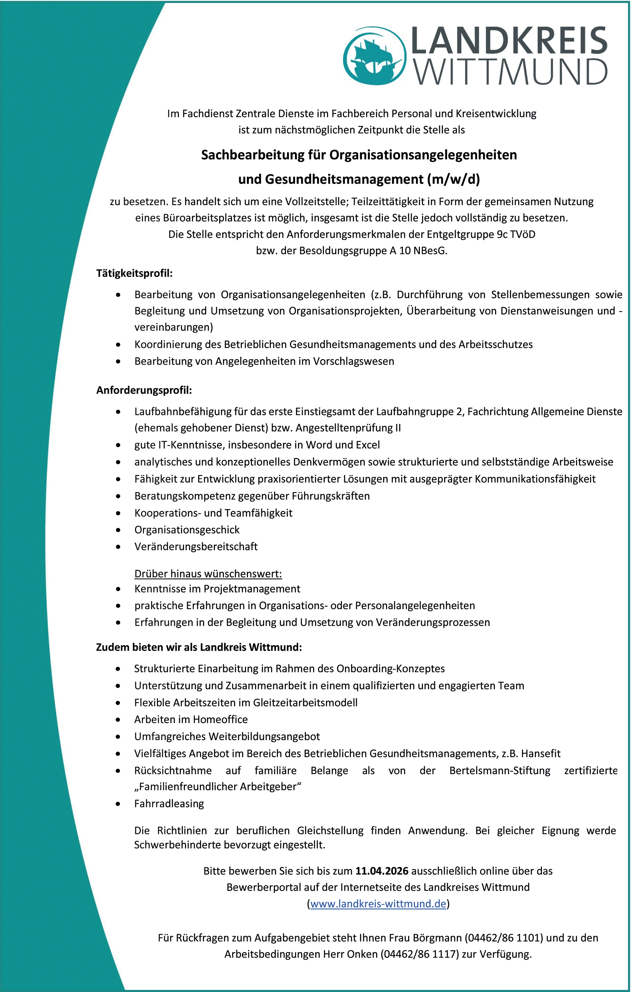 Sachbearbeitung für Organisationsangelegenheiten und Gesundheitsmanagement (m/w/d