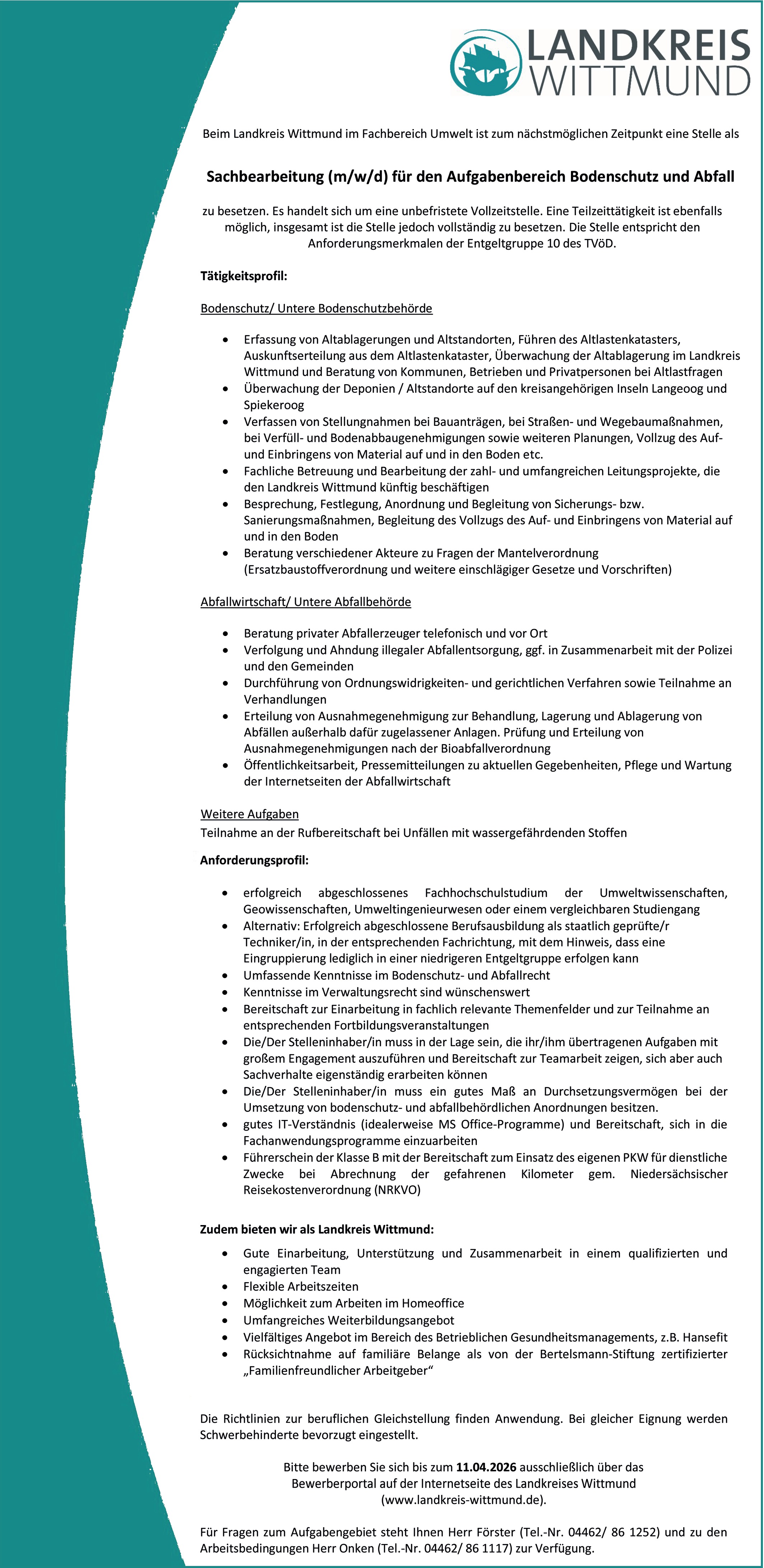  Sachbearbeitung (m/w/d) für den Aufgabenbereich Bodenschutz und Abfall