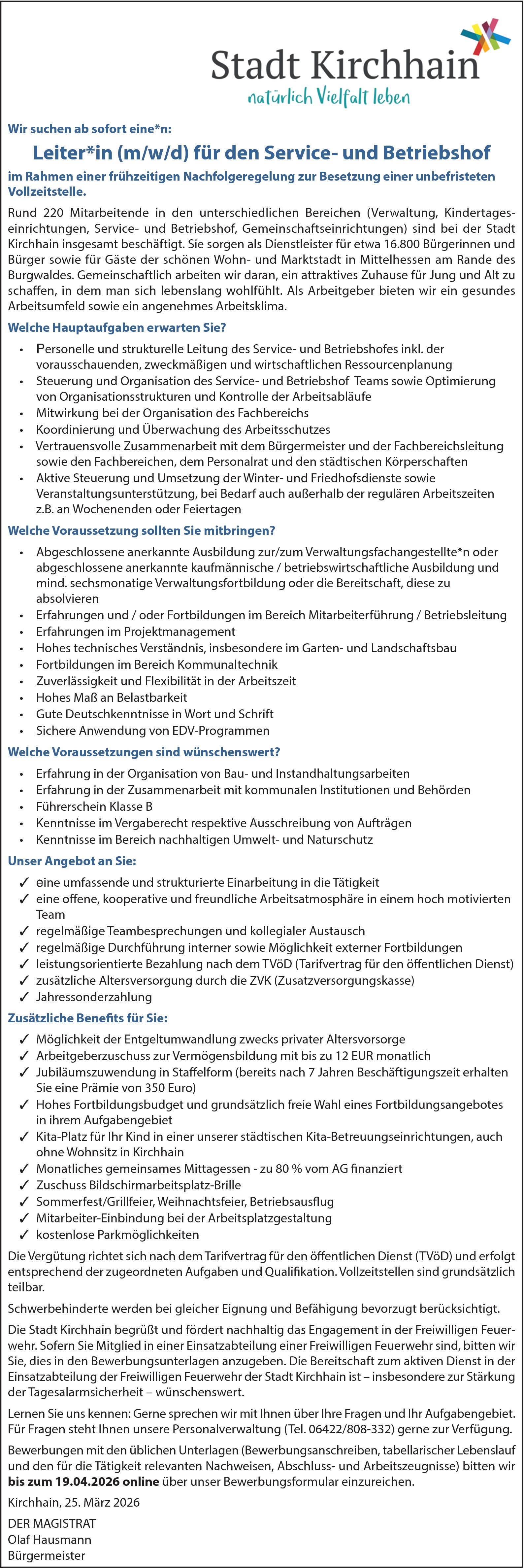 Verwaltungsfachangestellter als Leitung für den Service-und Betriebhof (m/w/d)