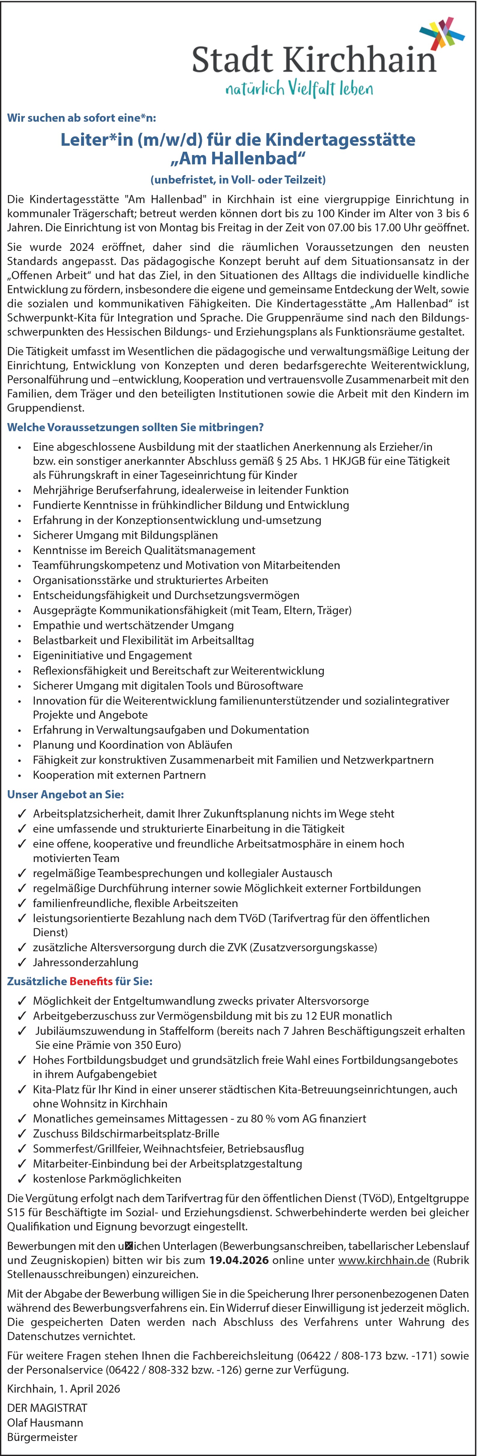 Erzieher als Leitung für die Kindertagesstätte (m/w/d)