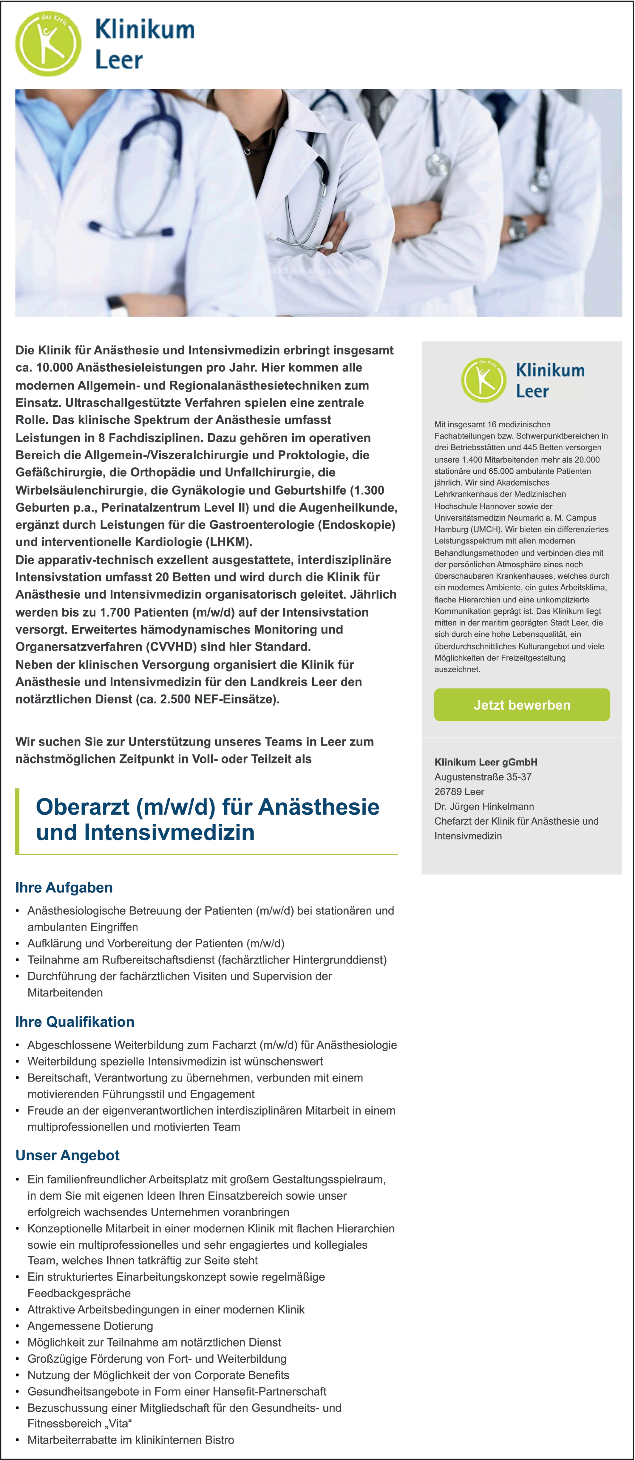 Oberarzt / Oberärztin für Anästhesie und Intensivmedizin