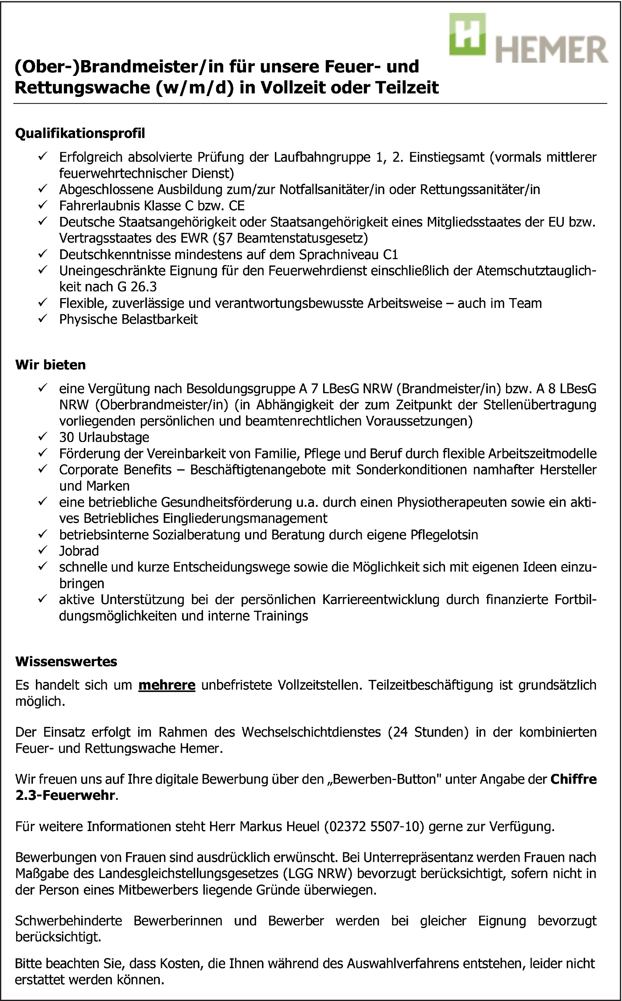 (Ober-)Brandmeister/in für unsere Feuer- und Rettungswache (w/m/d) 