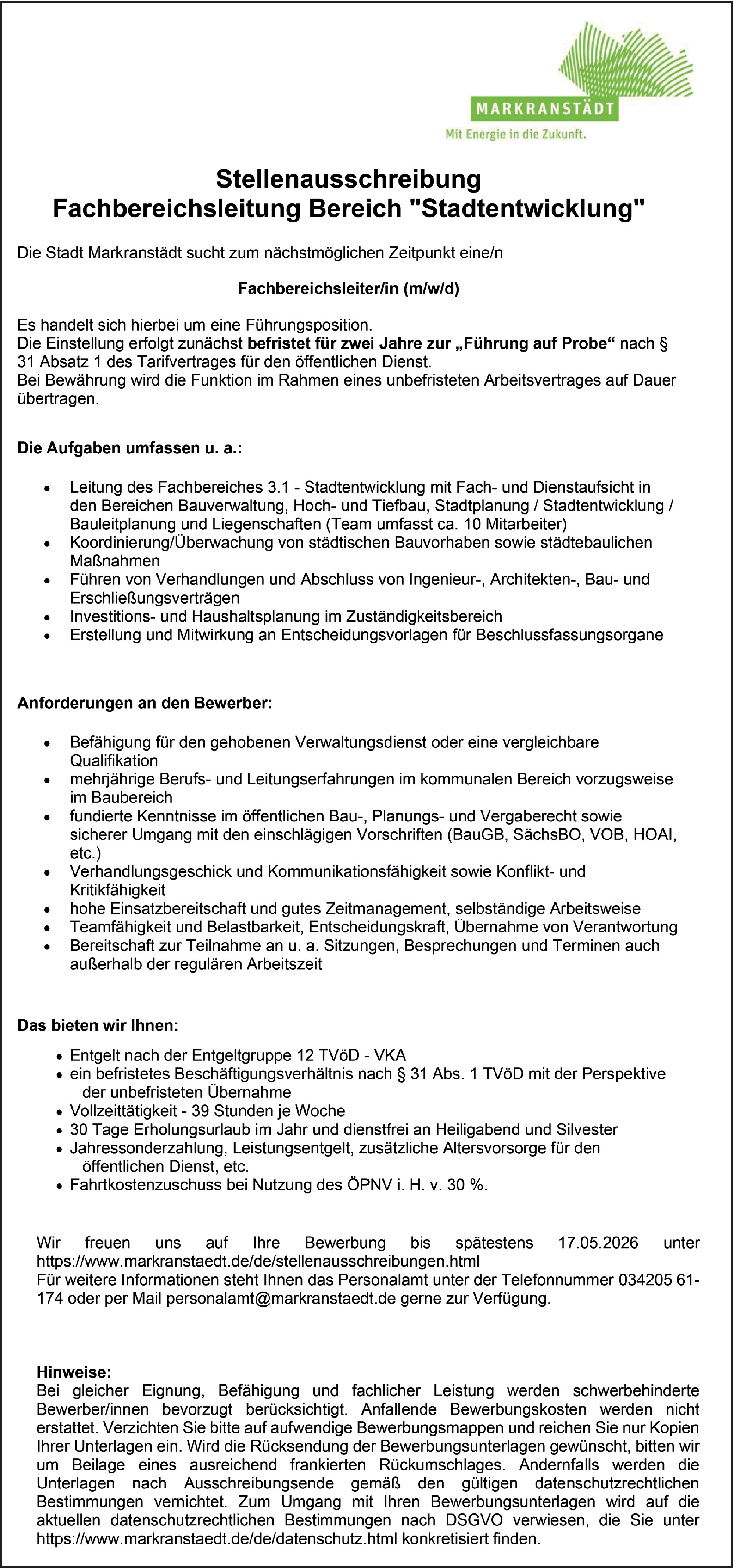 Fachbereichsleiter/in Stadtentwicklung
