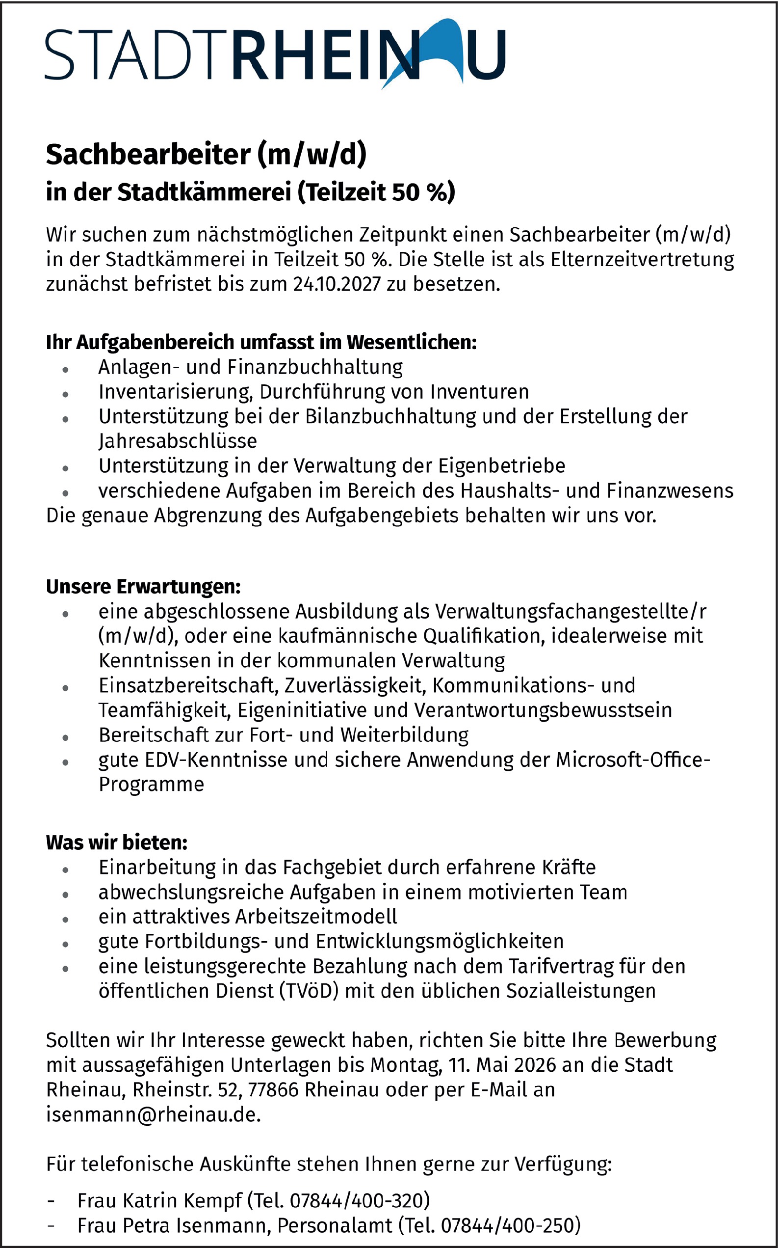 Sachbearbeiter (m/w/d)  Stadtkämmerei 