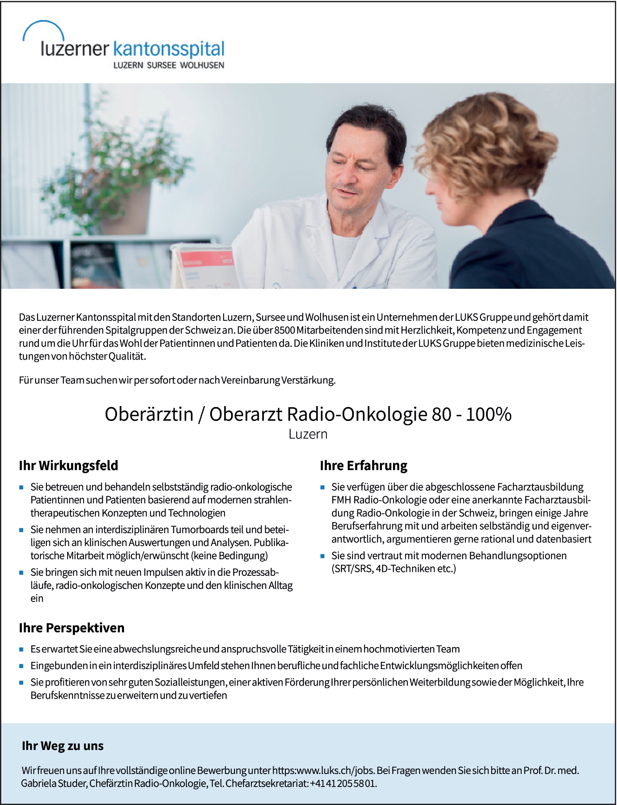 Oberärztin / Oberarzt Radio-Onkologie 80 - 100%