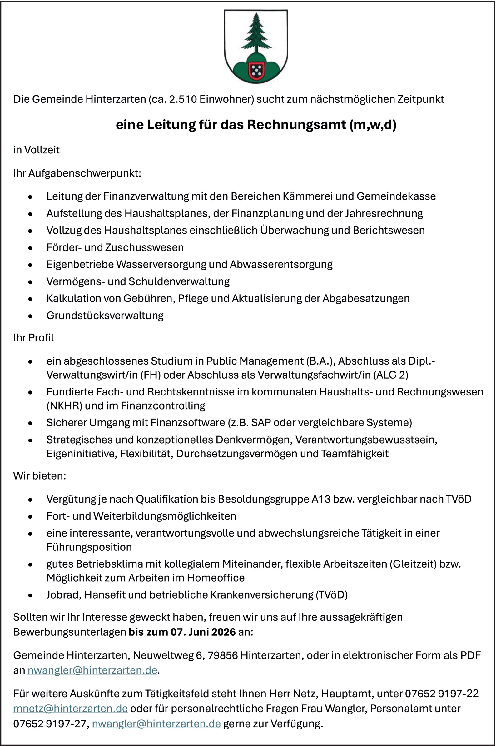 Diplom - Verwaltungswirt (FH) als Leitung für das Rechnungsamt (m/w/d)