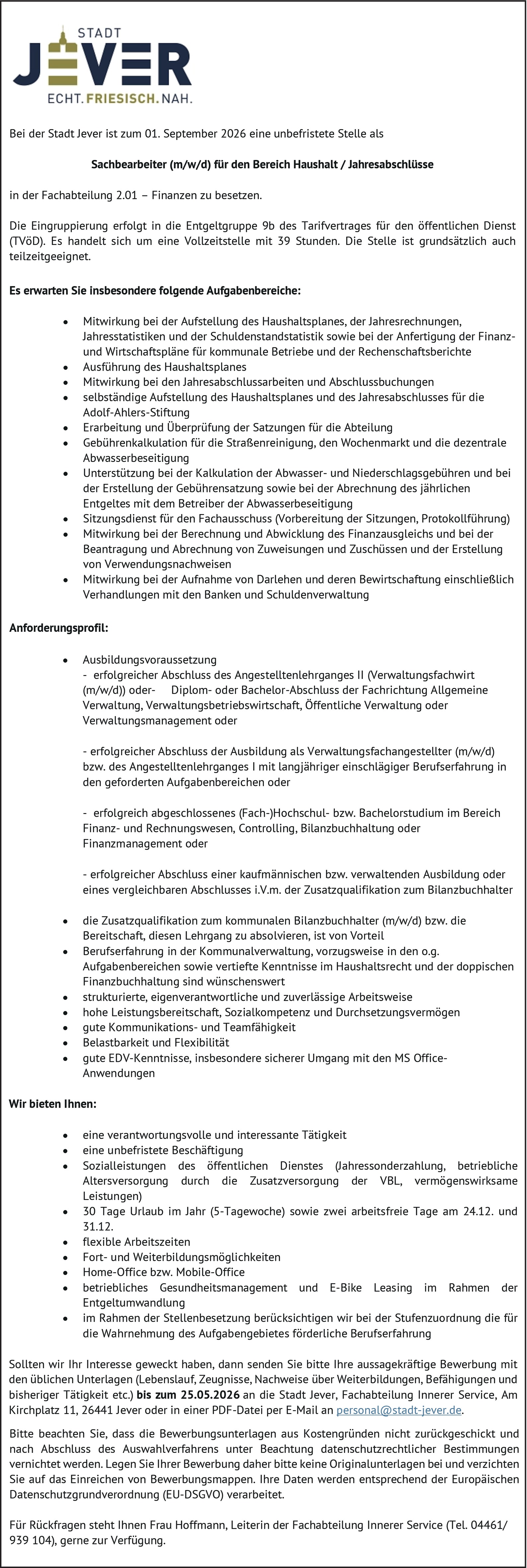 Sachbearbeiter (m/w/d) Bereich Haushalt / Jahresabschlüsse