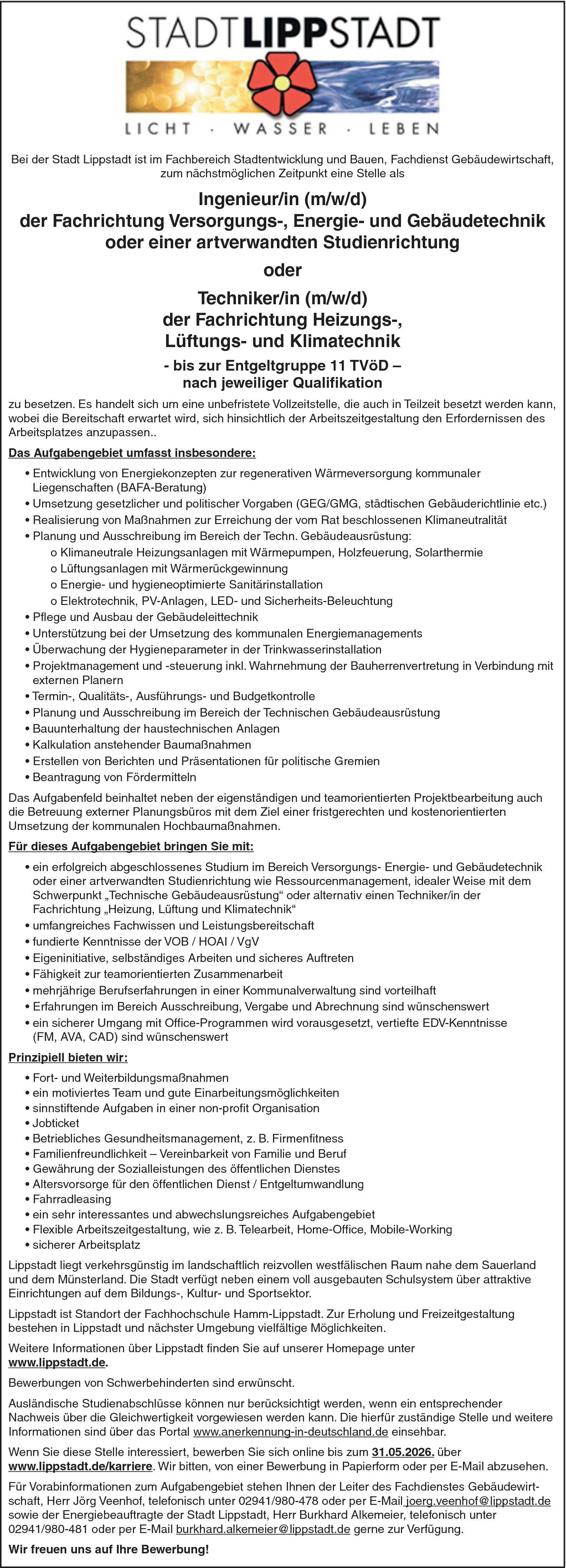 Ingenieur/in Versorgungstechnik