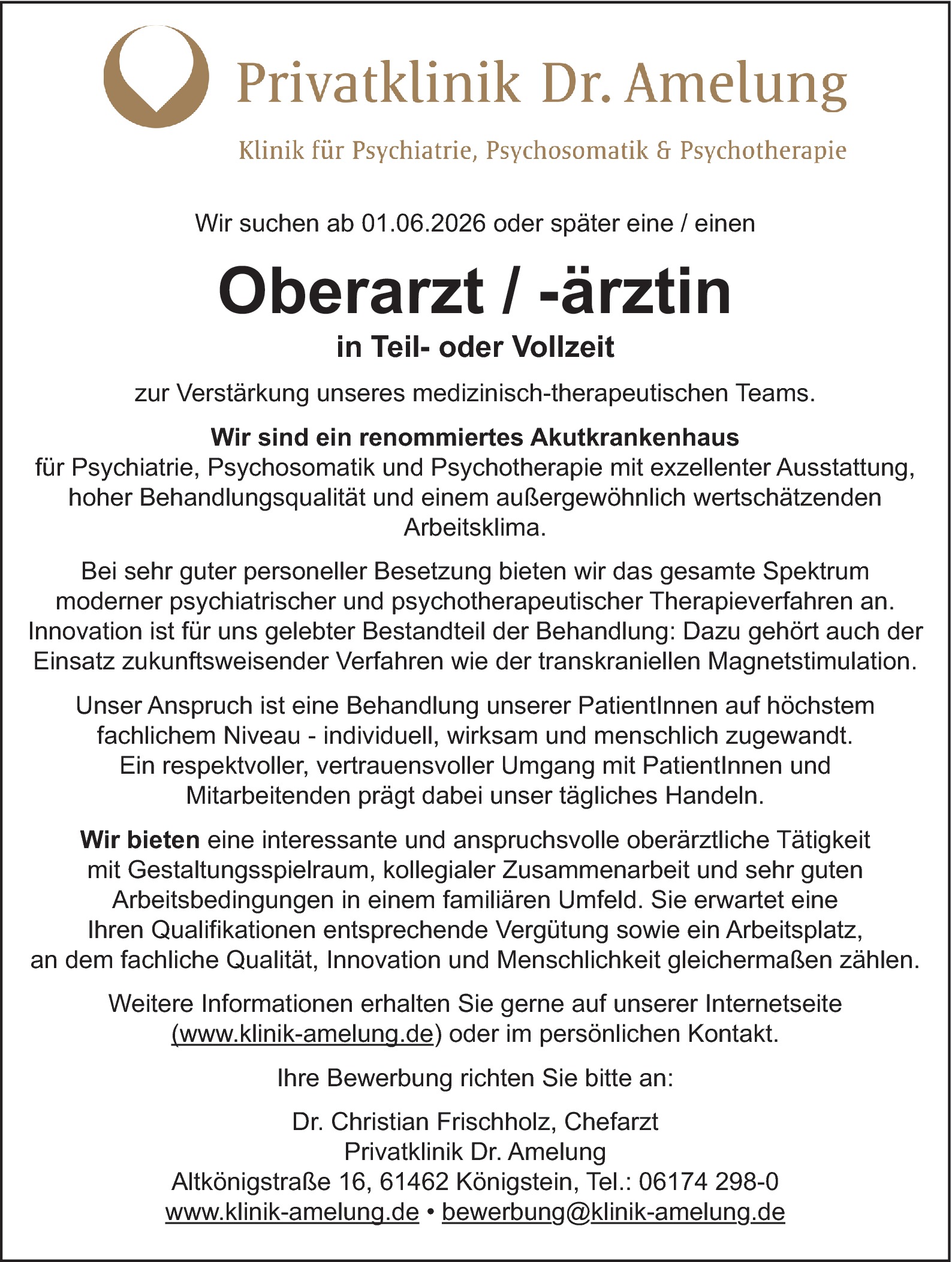 Oberarzt / Oberärztin für Psychiatrie / Psychosomatik / Psychotherapie 