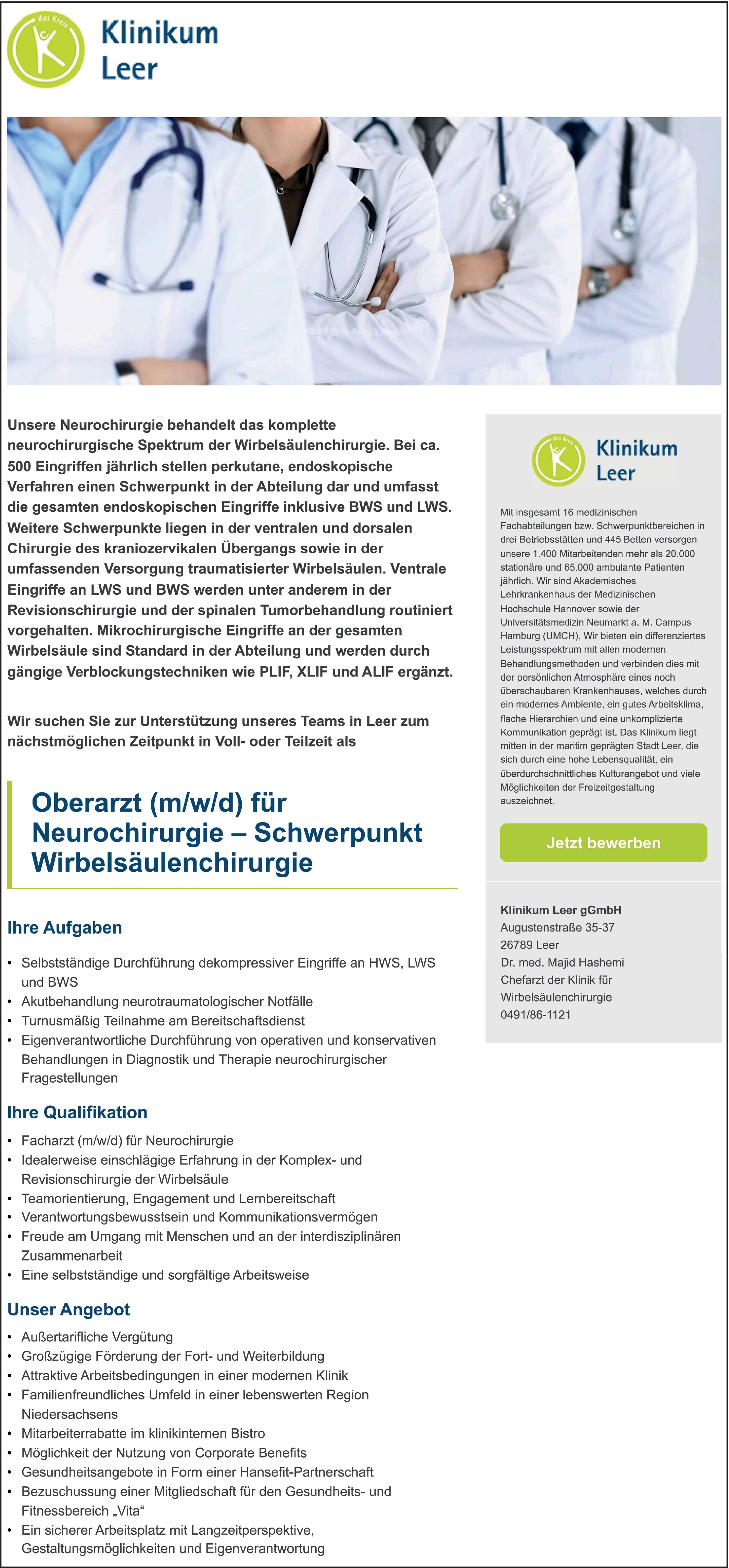 Oberarzt / Oberärztin für Neurochirurgie - Schwerpunkt Wirbelsäulenchirurgie