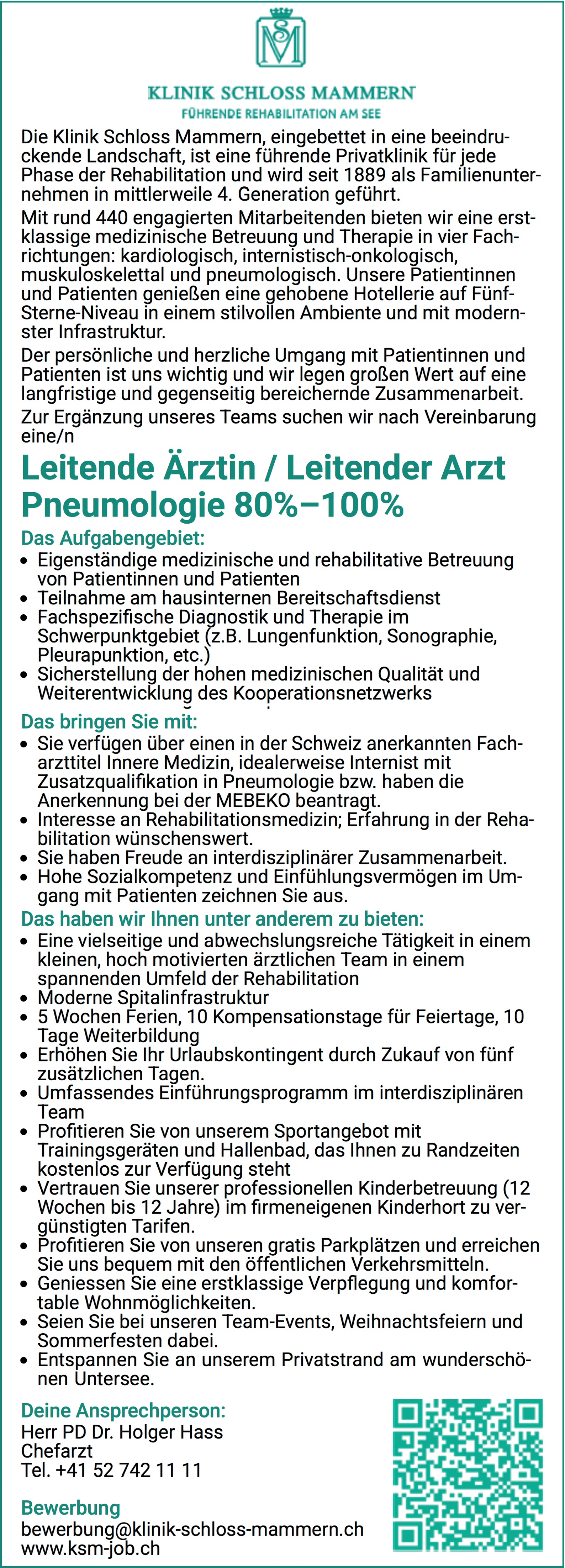Leitende Ärztin / Leitender Arzt Pneumologie 80%–100%