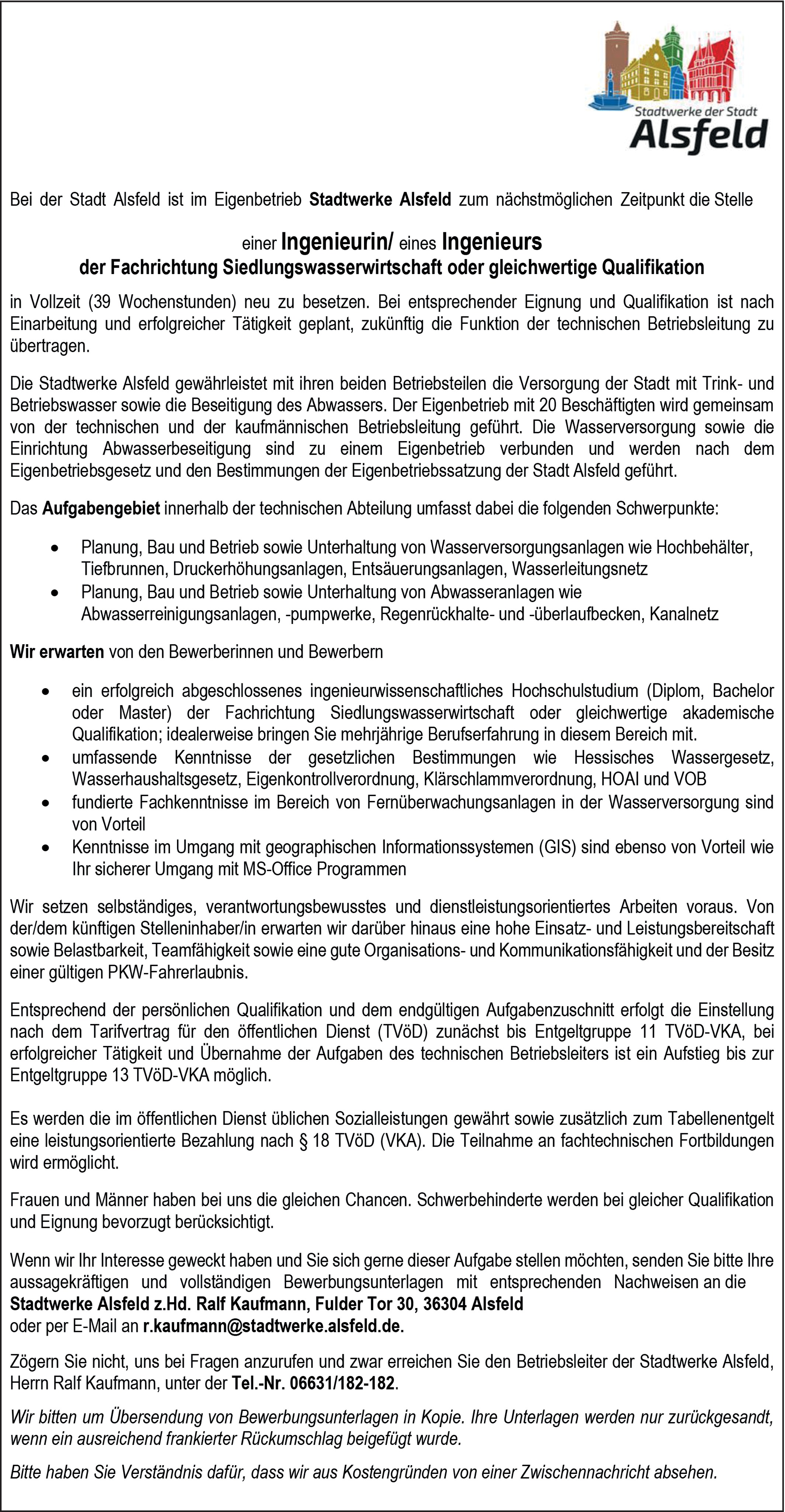 Ingenieur/in Siedlungswasserwirtschaft