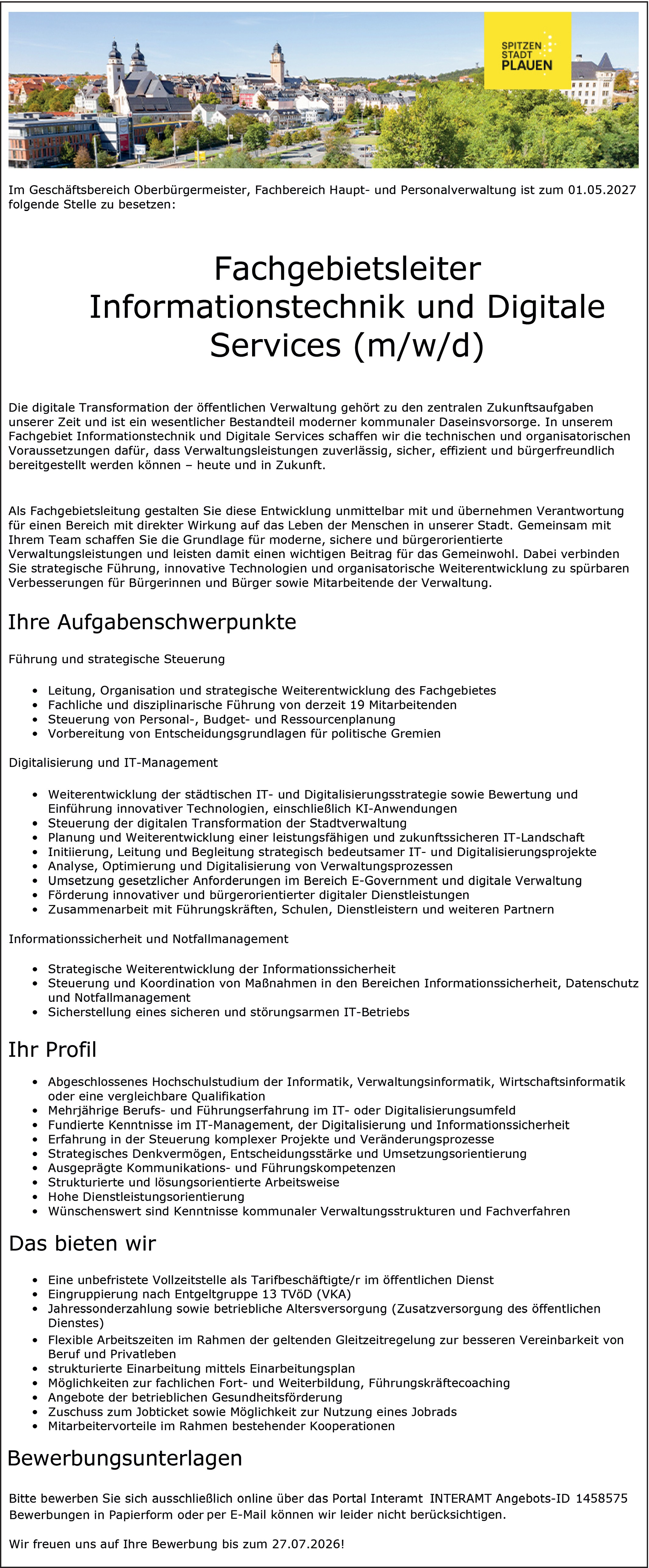 Fachgebietsleiter Informationstechnik und Digitale Services (m/w/d)